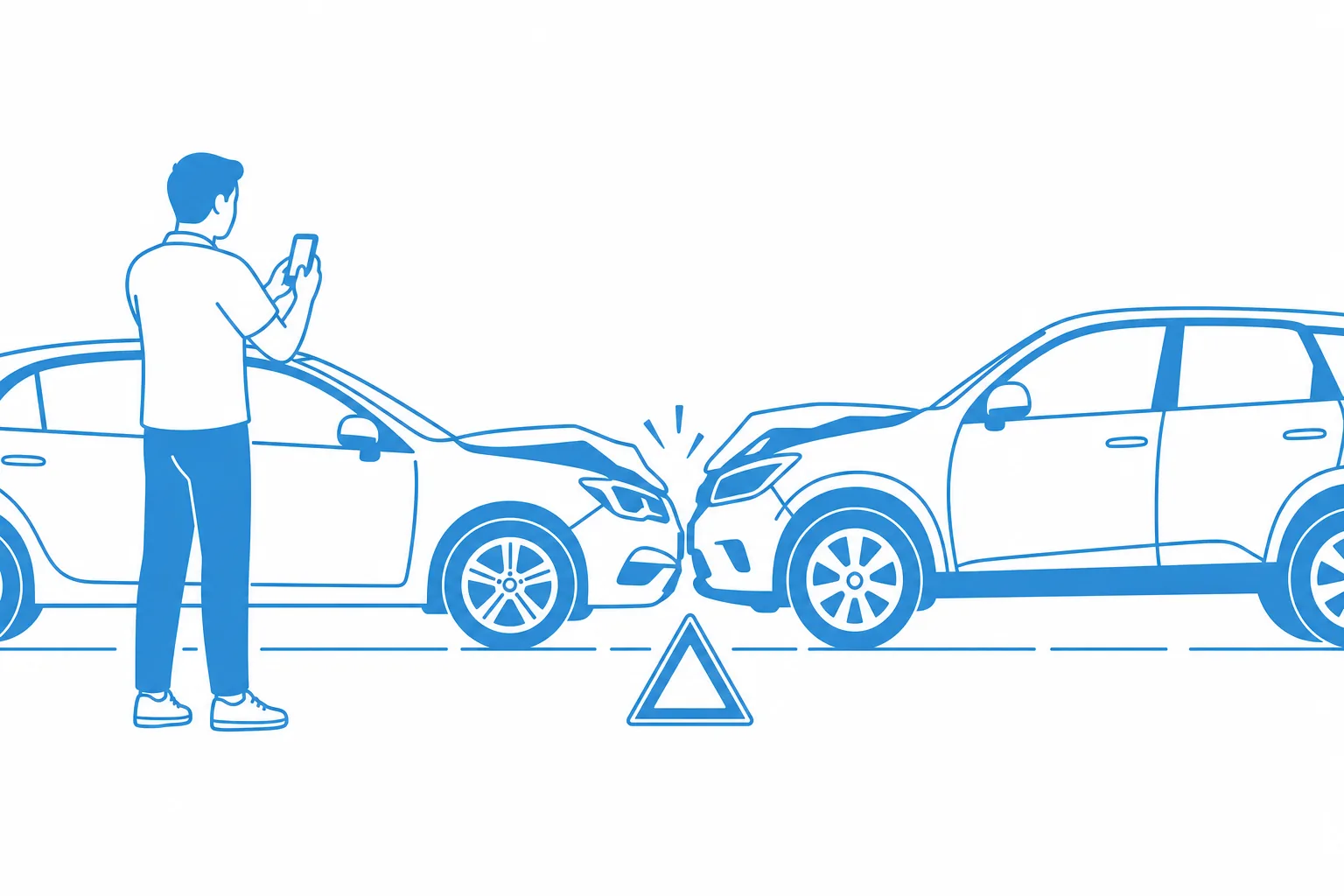 Ilustración plana de un conductor sacando fotos con el celular tras un choque menor entre dos carros