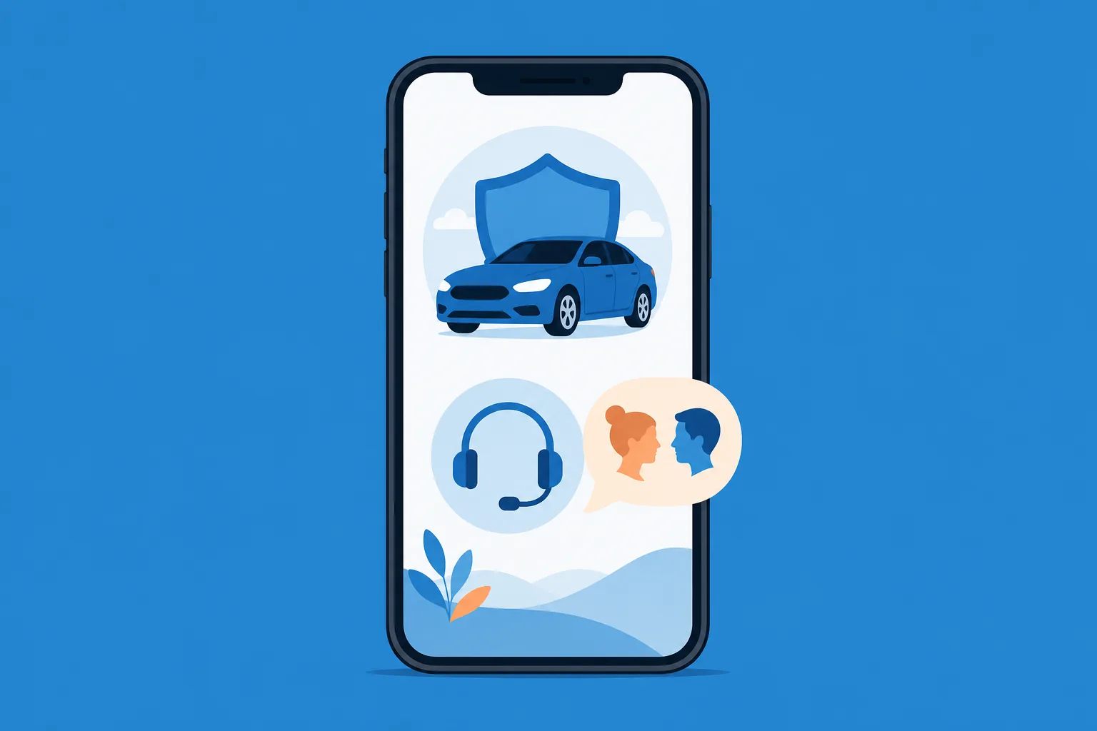 Ilustración plana de un celular mostrando la app de Allstate en español con un carro y un ícono de teléfono de atención al cliente