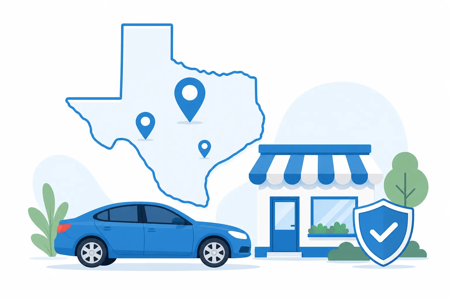 Mapa de Texas con pines de ubicación, un carro y un escudo de seguro en ilustración plana azul