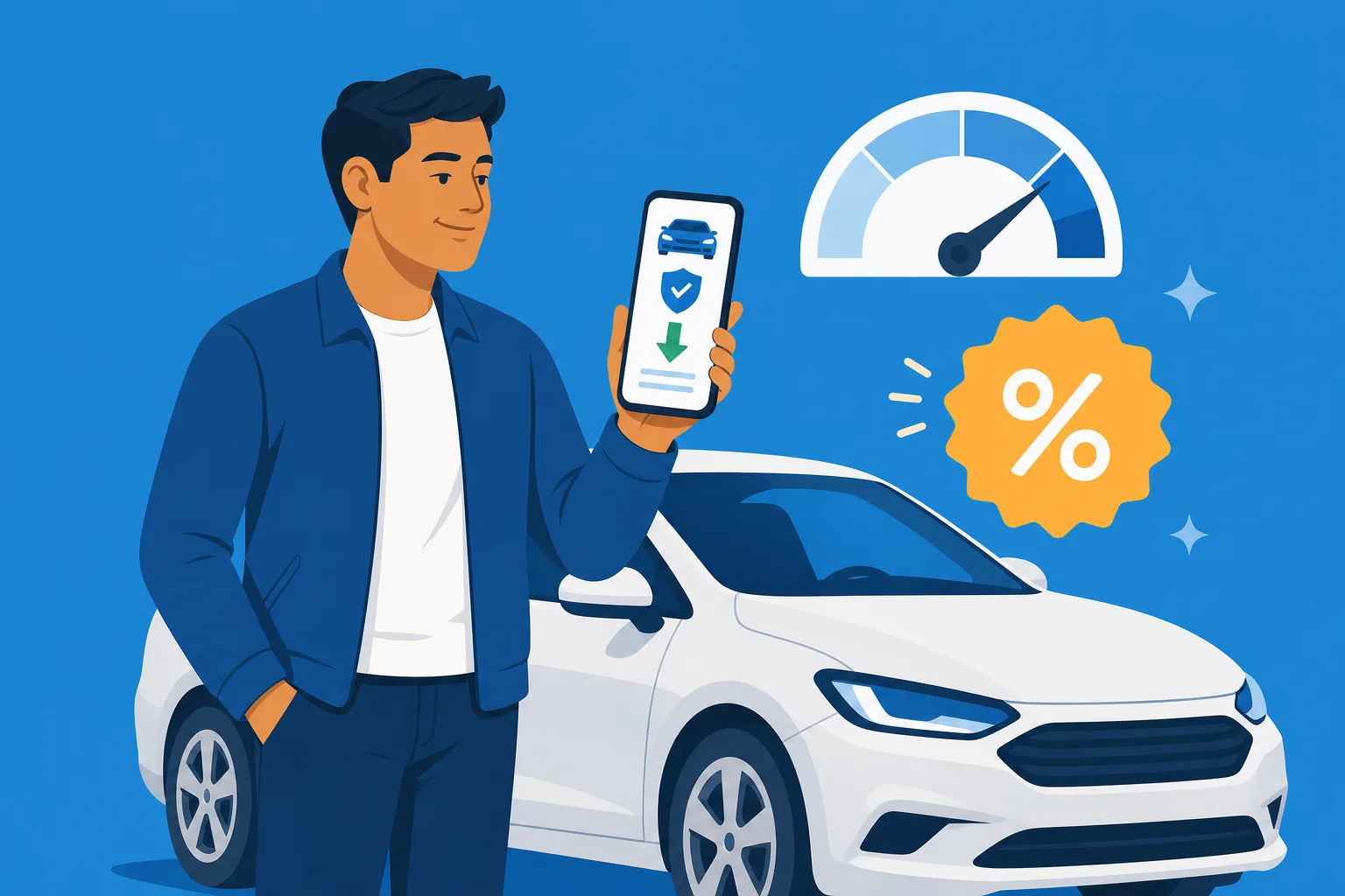Conductor latino revisando en su celular la app de la aseguranza Progressive junto a su carro, con un escudo de seguro y un ícono de descuento