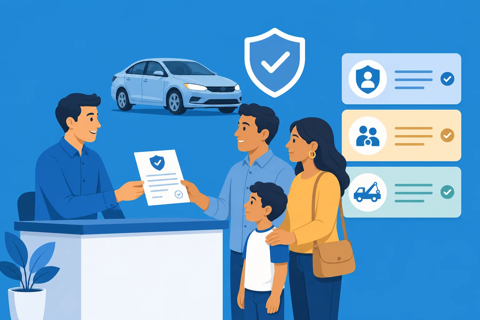 Ilustración de un agente de la aseguranza Pronto entregando una póliza de auto a una familia latina, con un carro y un escudo de protección