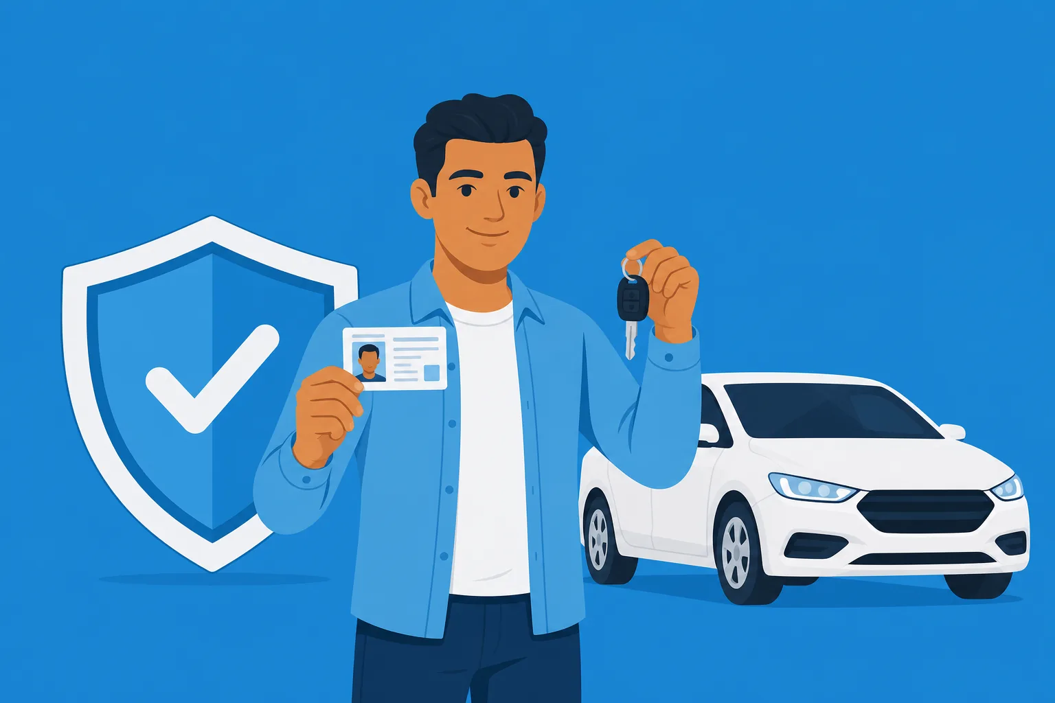 Ilustración de una persona con documentos de identidad y un carro, representando cómo asegurar un carro sin licencia de USA con licencia extranjera o ITIN