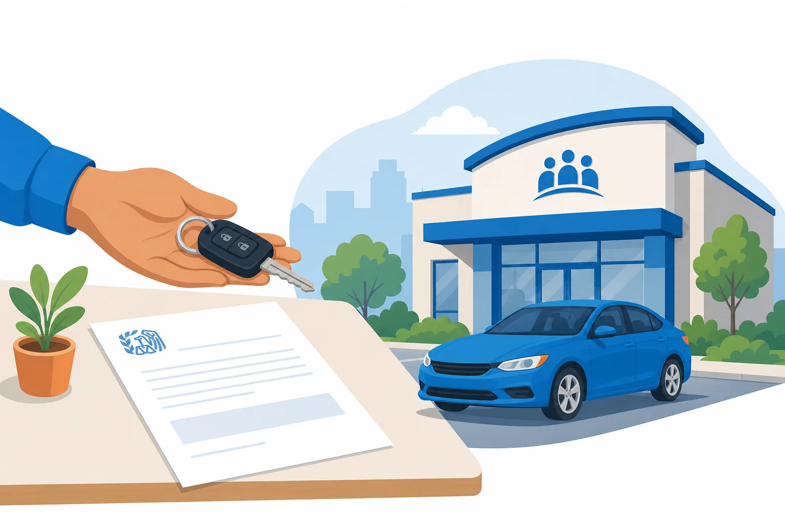 Ilustración de una llave de carro y la carta del ITIN junto a la fachada de una cooperativa de crédito