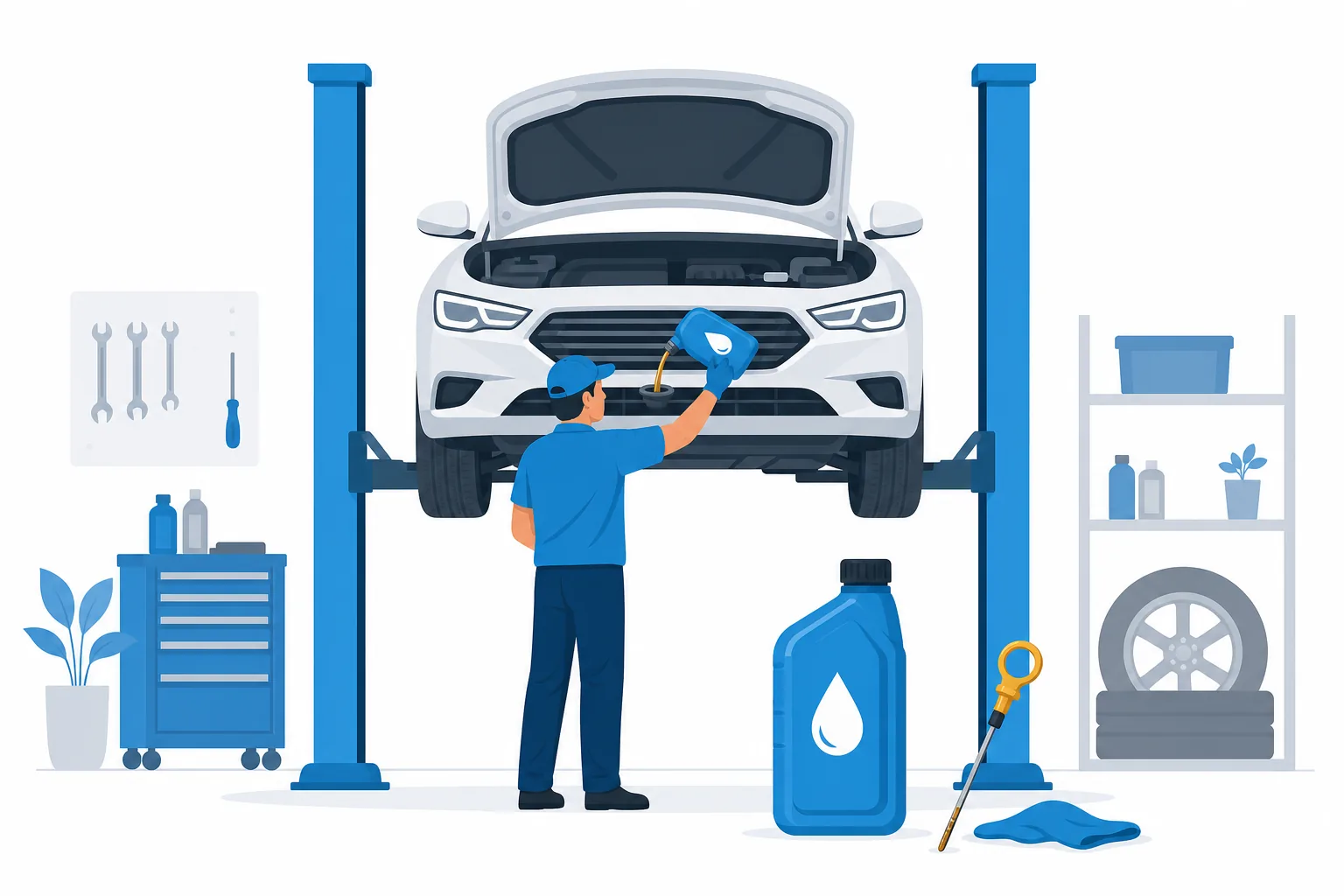 Ilustración plana de un carro sobre un elevador recibiendo un cambio de aceite en un taller, con la varilla de aceite y una botella de aceite a un lado