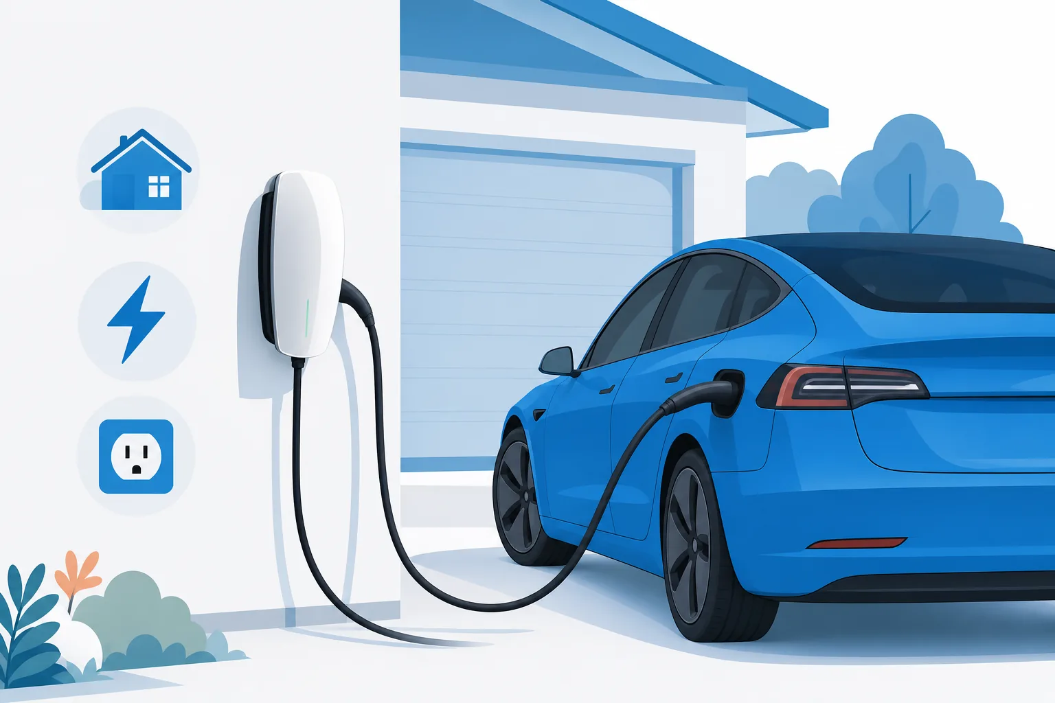 Cargador Tesla Wall Connector montado en la pared de un garage cargando un carro eléctrico en casa