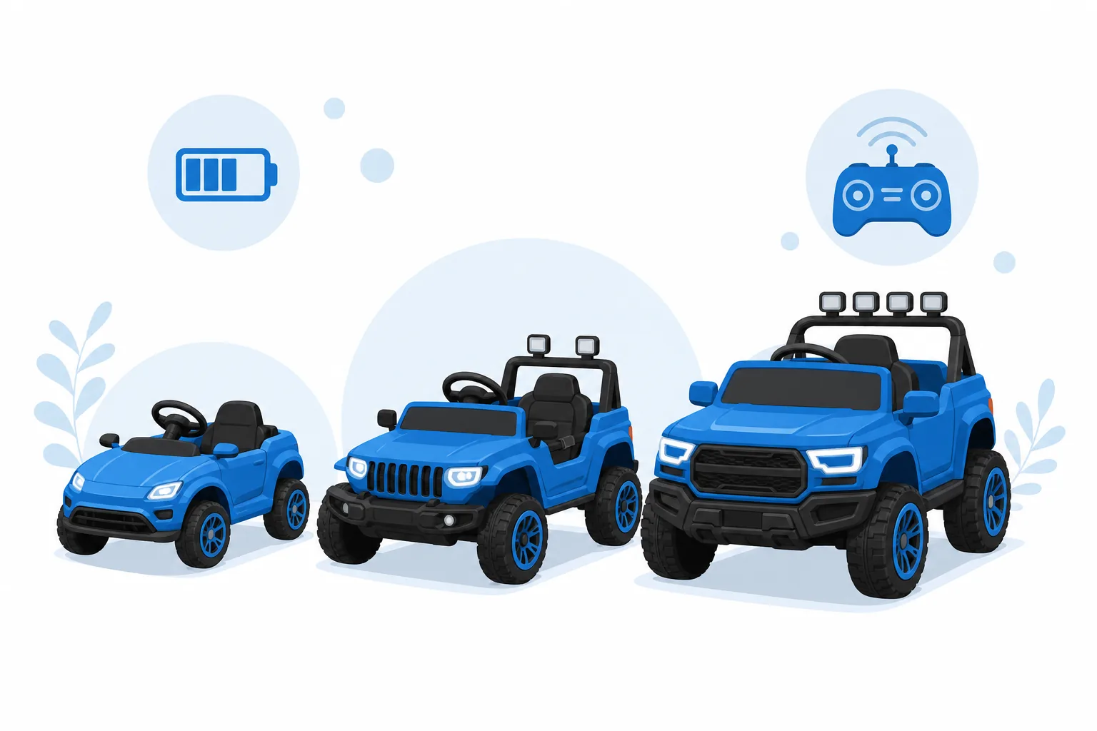 Tres carros eléctricos de juguete para niños alineados por voltaje (6V, 12V y 24V) con su rango de edad