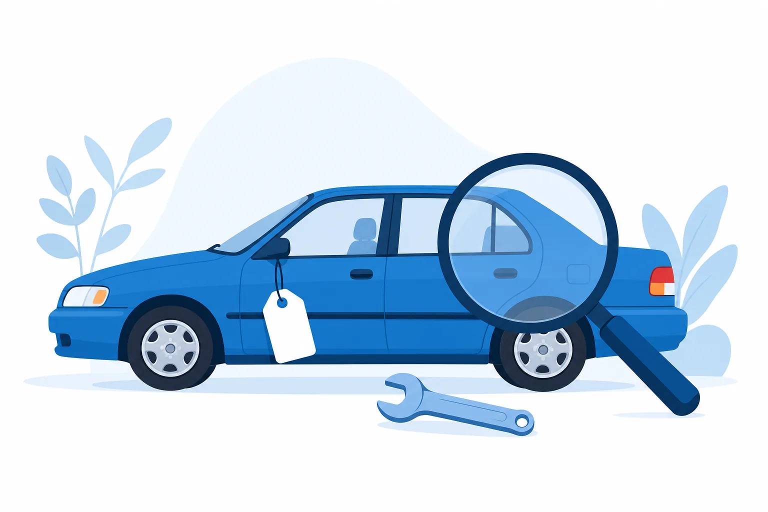 Ilustración de un carro usado económico revisado con una lupa antes de comprarlo