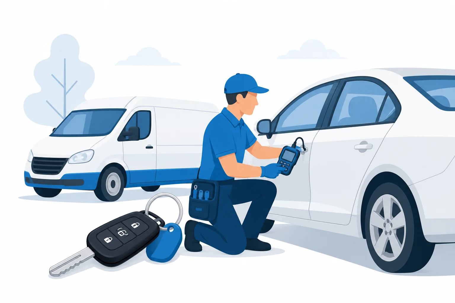 Ilustración plana de un cerrajero de autos a domicilio abriendo la puerta de un carro, con una llave de control remoto en primer plano