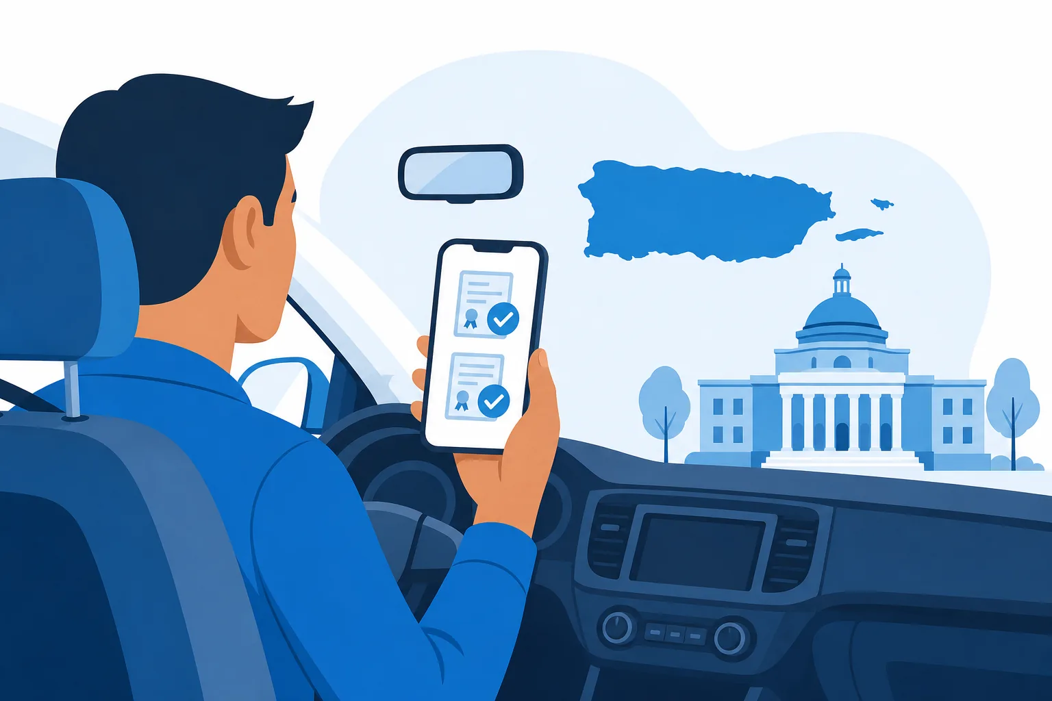 Conductor de Uber en Puerto Rico revisa en su teléfono las dos autorizaciones del NTSP que necesita para manejar