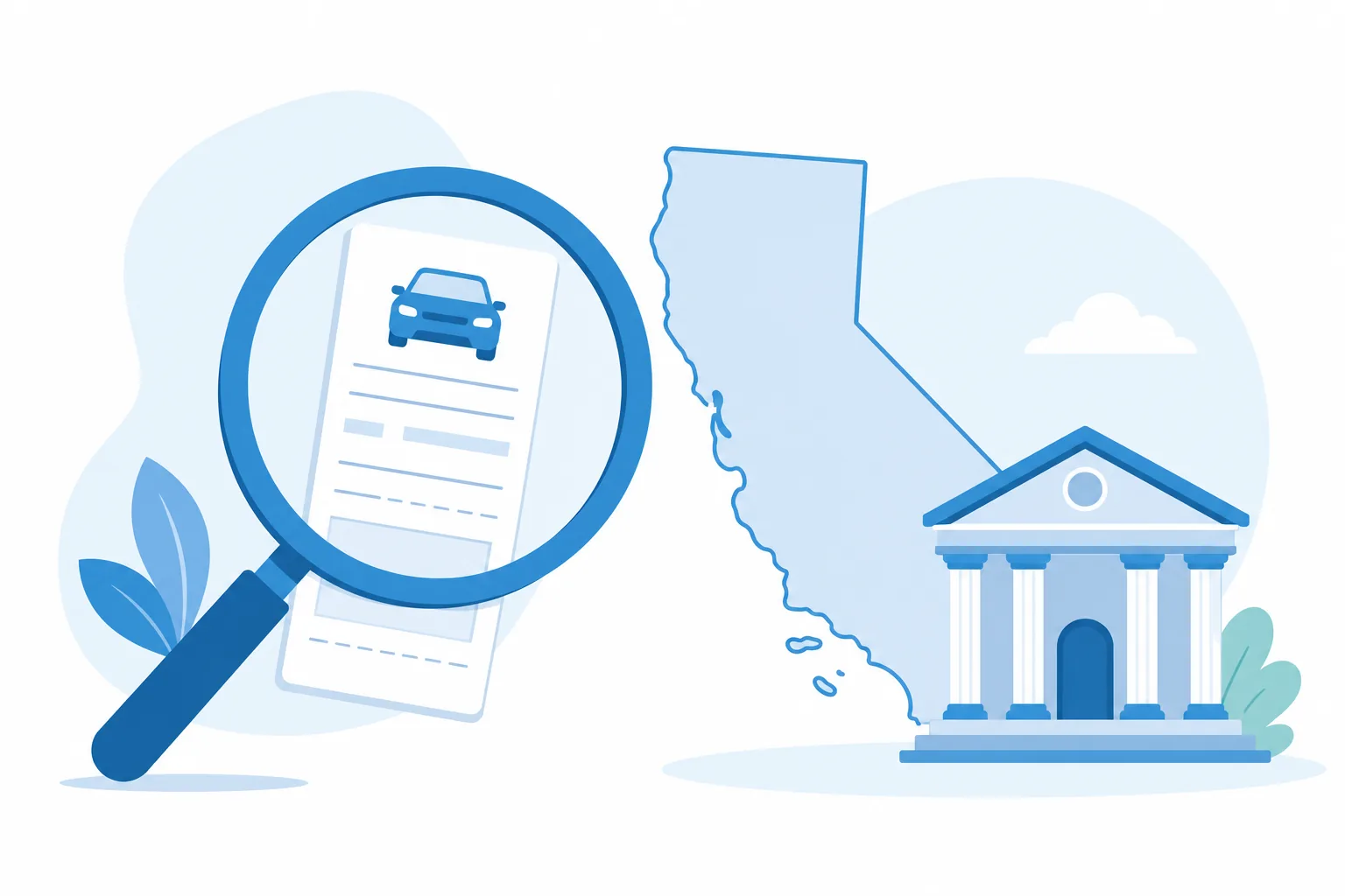 Lupa sobre un ticket de tránsito junto al contorno del mapa de California y un edificio de corte
