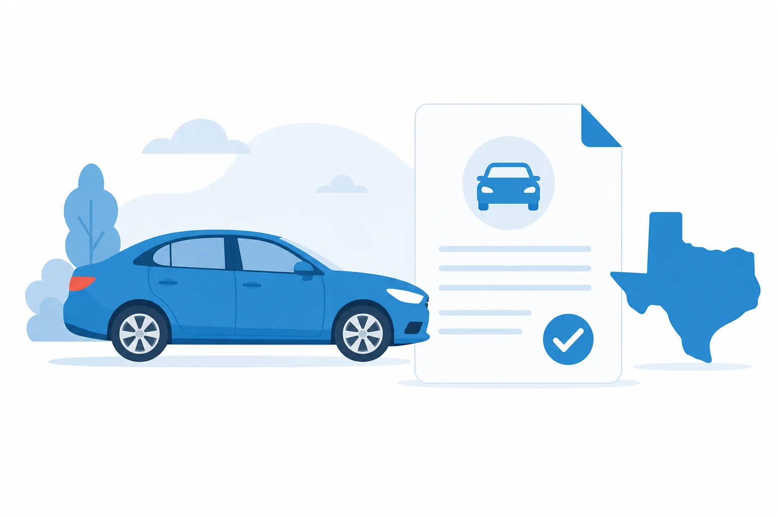 Ilustración plana de un carro con un documento de notificación de venta y un sello de Texas, en tonos azules