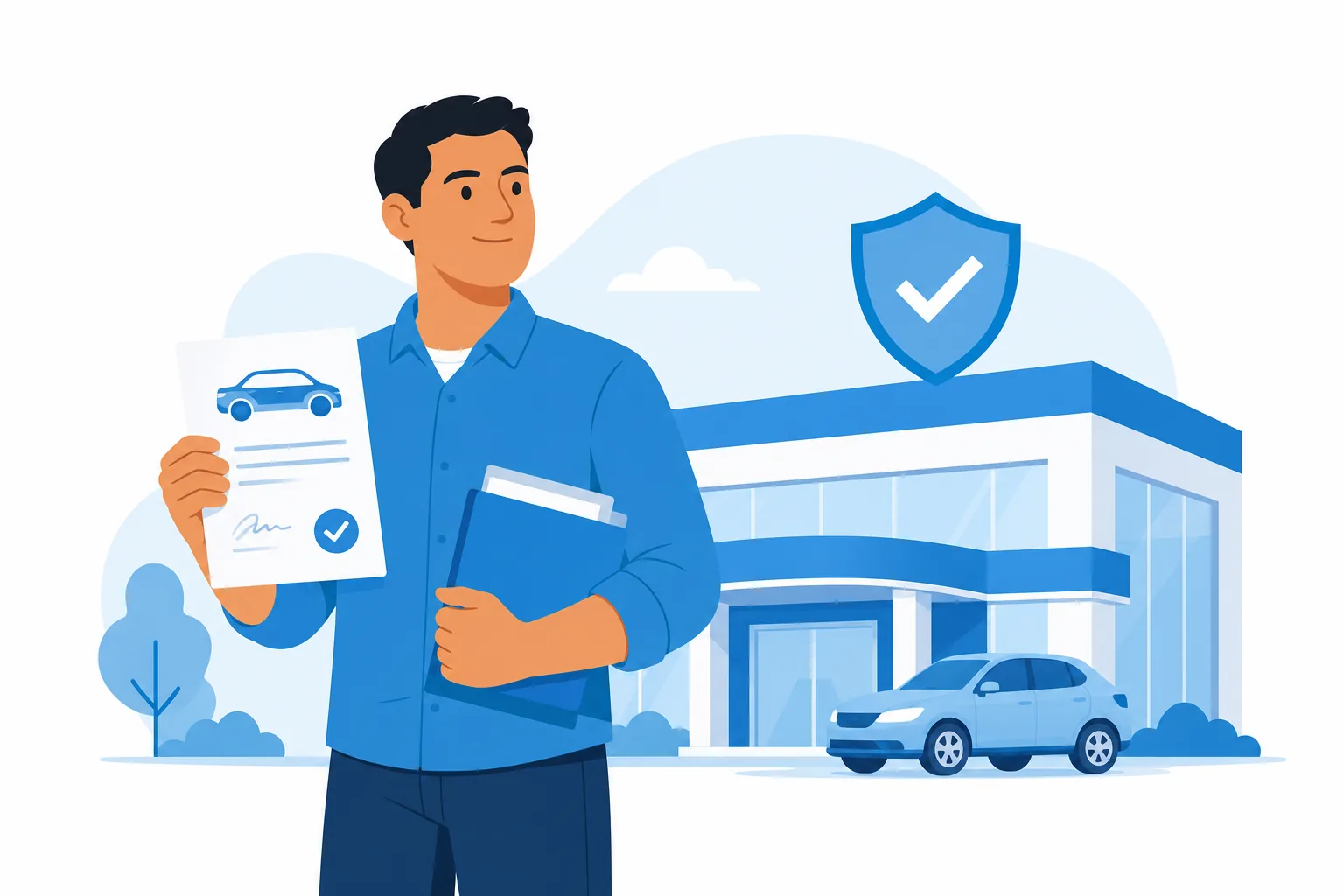 Comprador latino revisa el contrato de compra de su carro frente a un dealer, listo para reclamar por un engaño