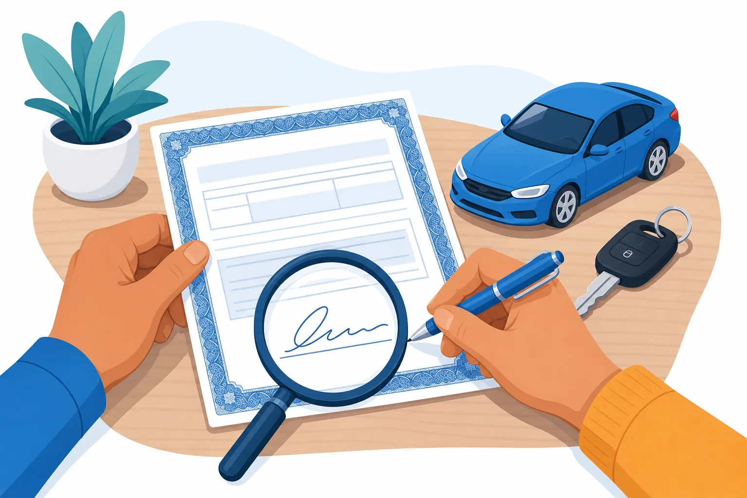 Manos de una persona endosando el título de un carro americano con bolígrafo azul sobre la sección de firma