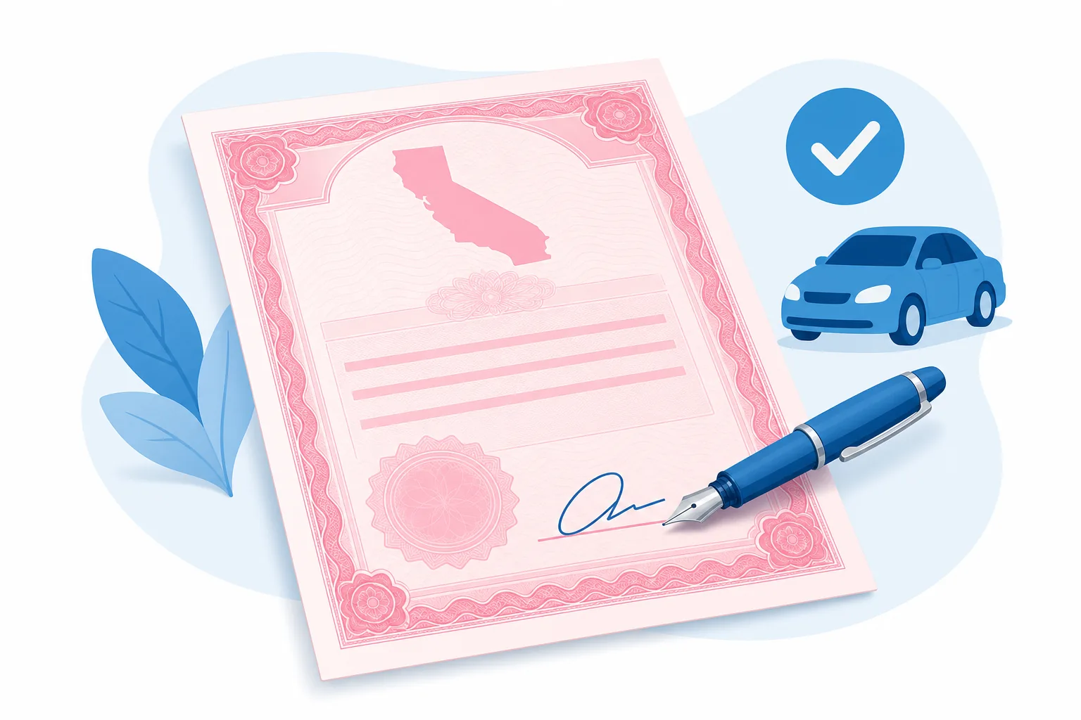 Ilustracion plana de un titulo de carro rosado de California con una pluma firmando la linea del vendedor