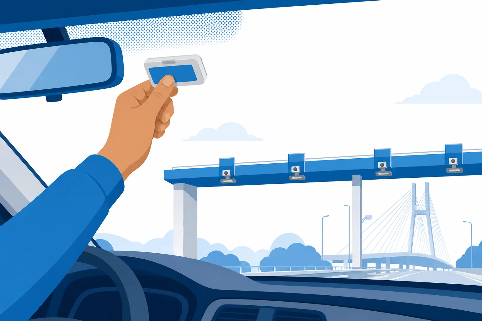 Ilustración plana de una mano pegando un tag E-ZPass en el parabrisas de un carro, con un pórtico de peaje de New York al fondo