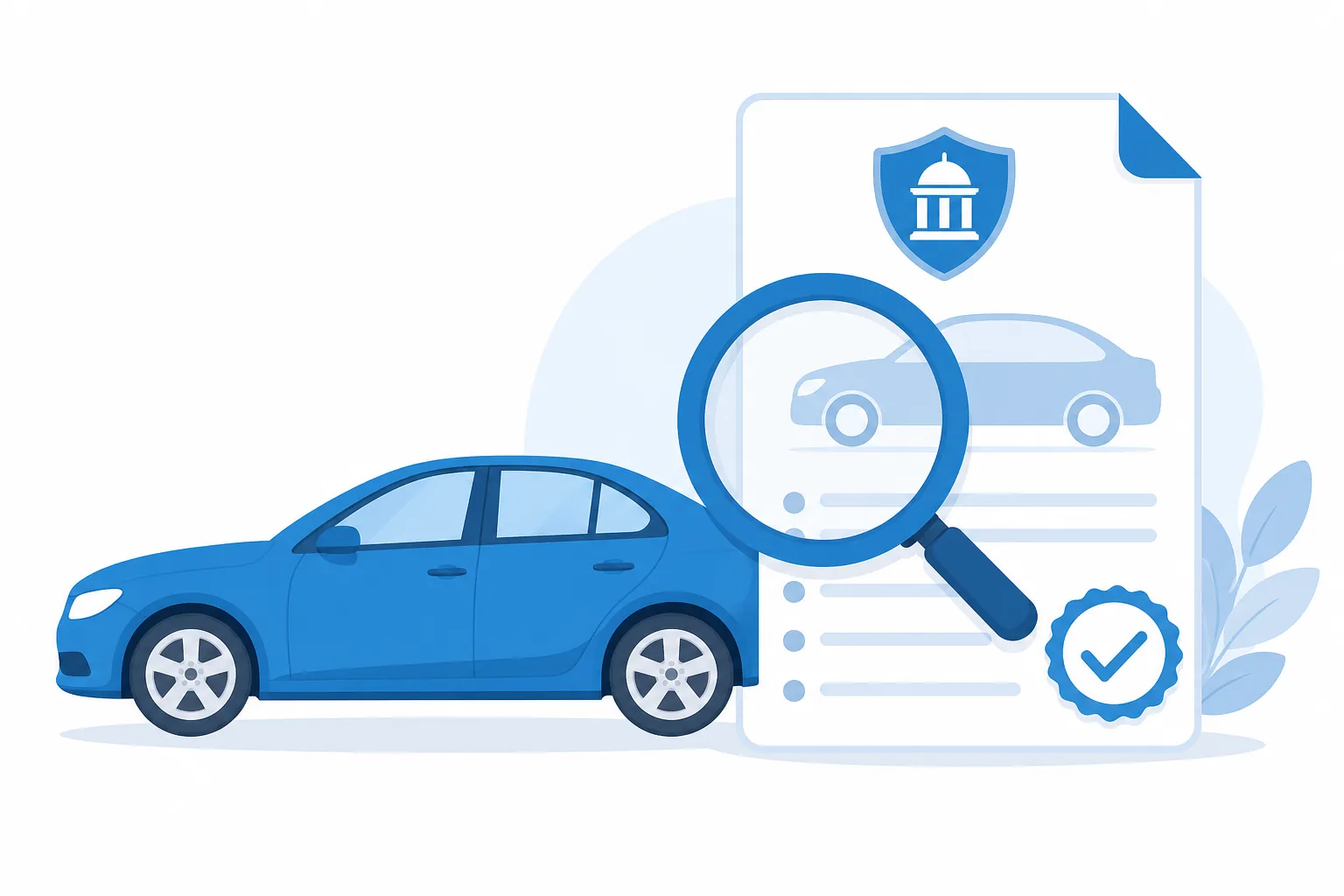 Ilustración de un carro junto a una lupa y un documento de historial vehicular con un sello de verificación oficial