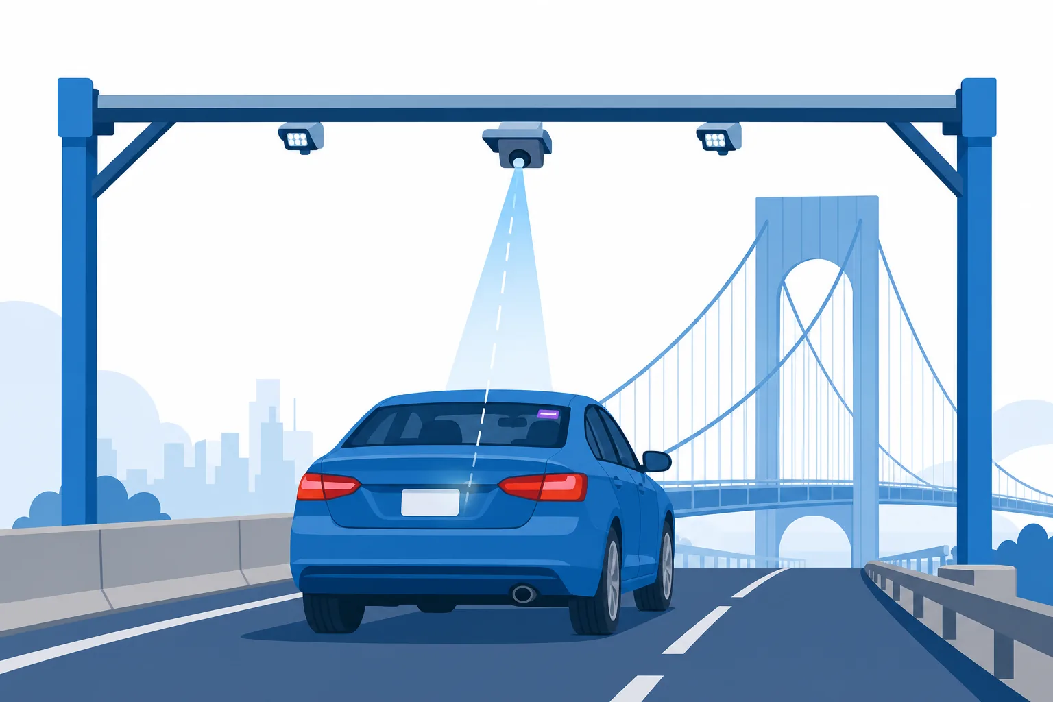 Ilustración plana de un carro pasando bajo un pórtico de peaje electrónico en New York mientras una cámara le lee la placa