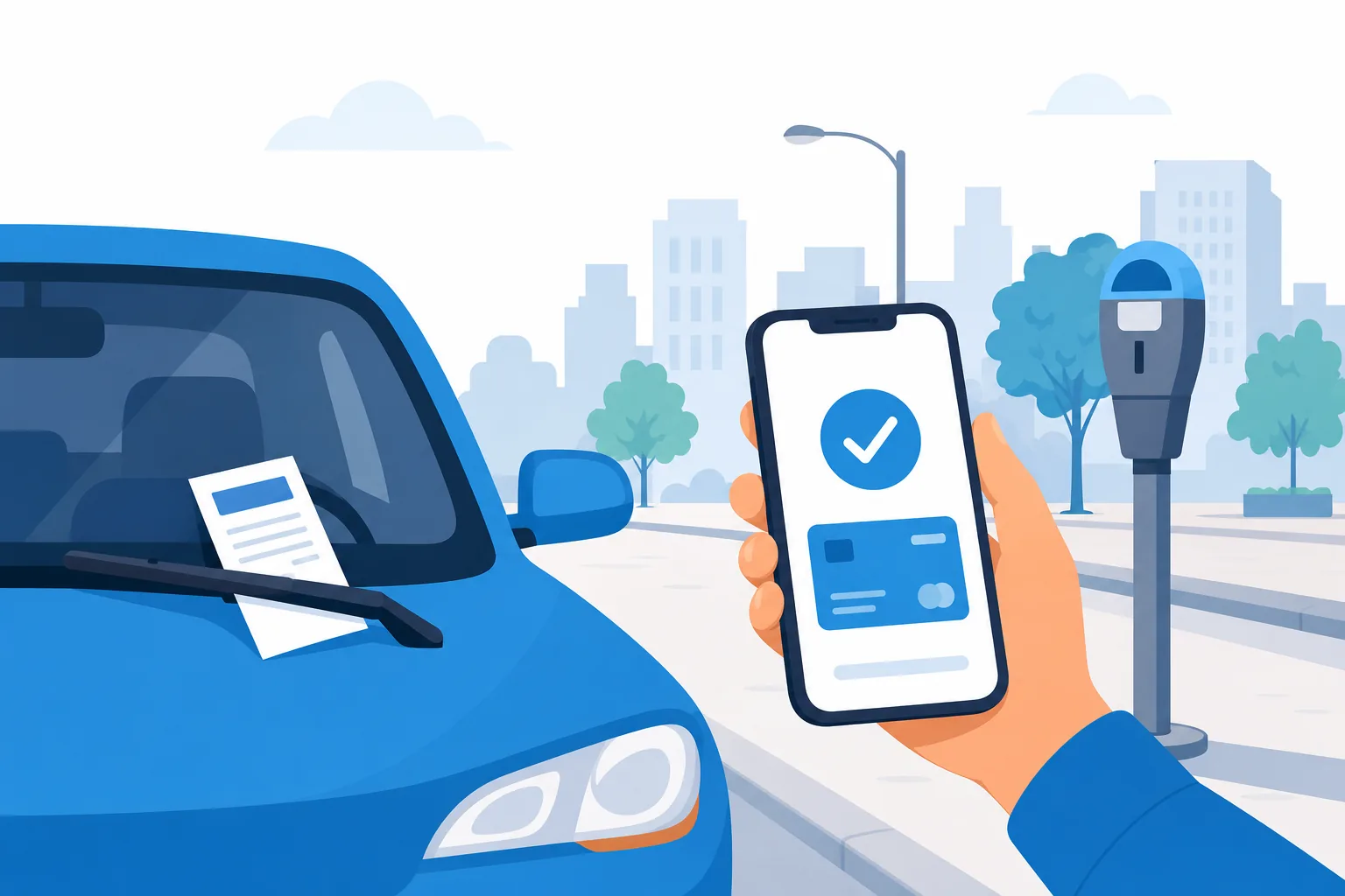 Persona pagando desde el celular un ticket de parking de California dejado en el parabrisas del carro