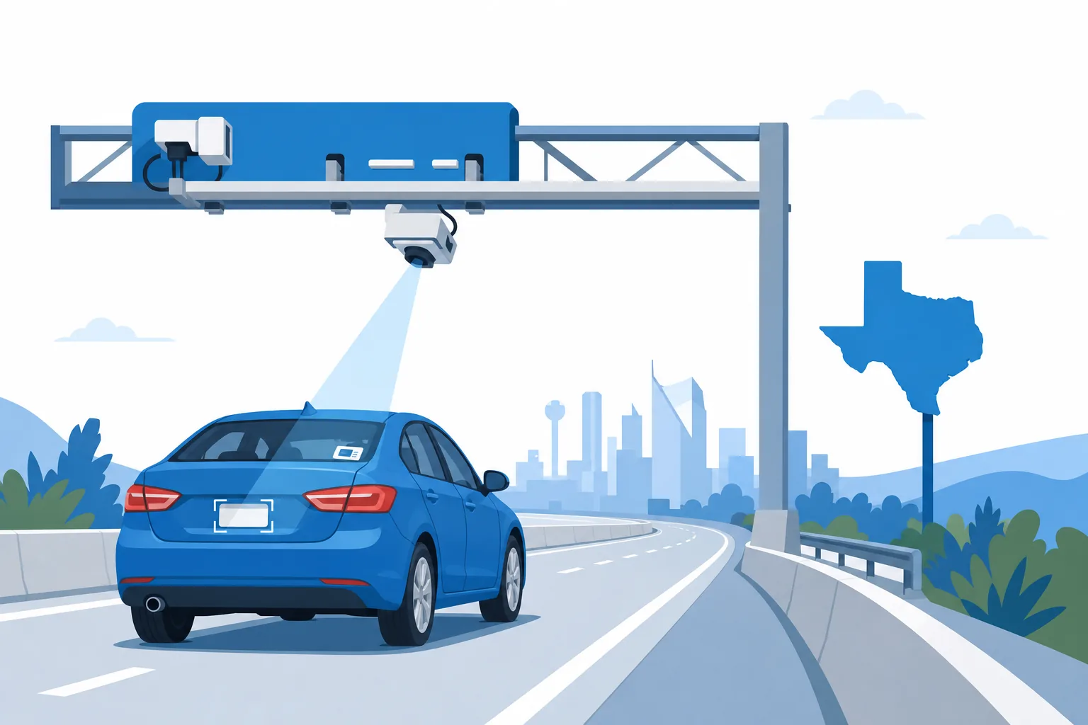 Ilustración plana de un carro pasando bajo un pórtico de peaje en Texas con una cámara que lee la placa