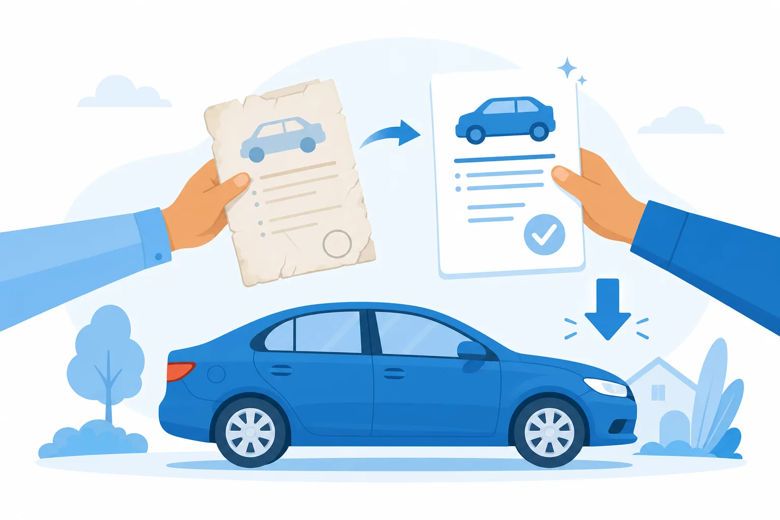 Ilustración de un carro junto a dos contratos de préstamo, uno viejo que se cambia por uno nuevo con una flecha hacia abajo