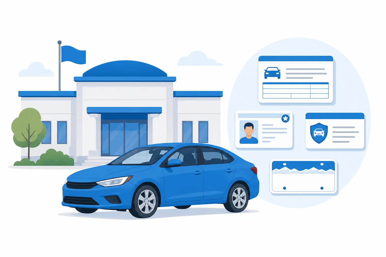 Carro frente a una oficina del DMV de New York con los documentos para registrarlo