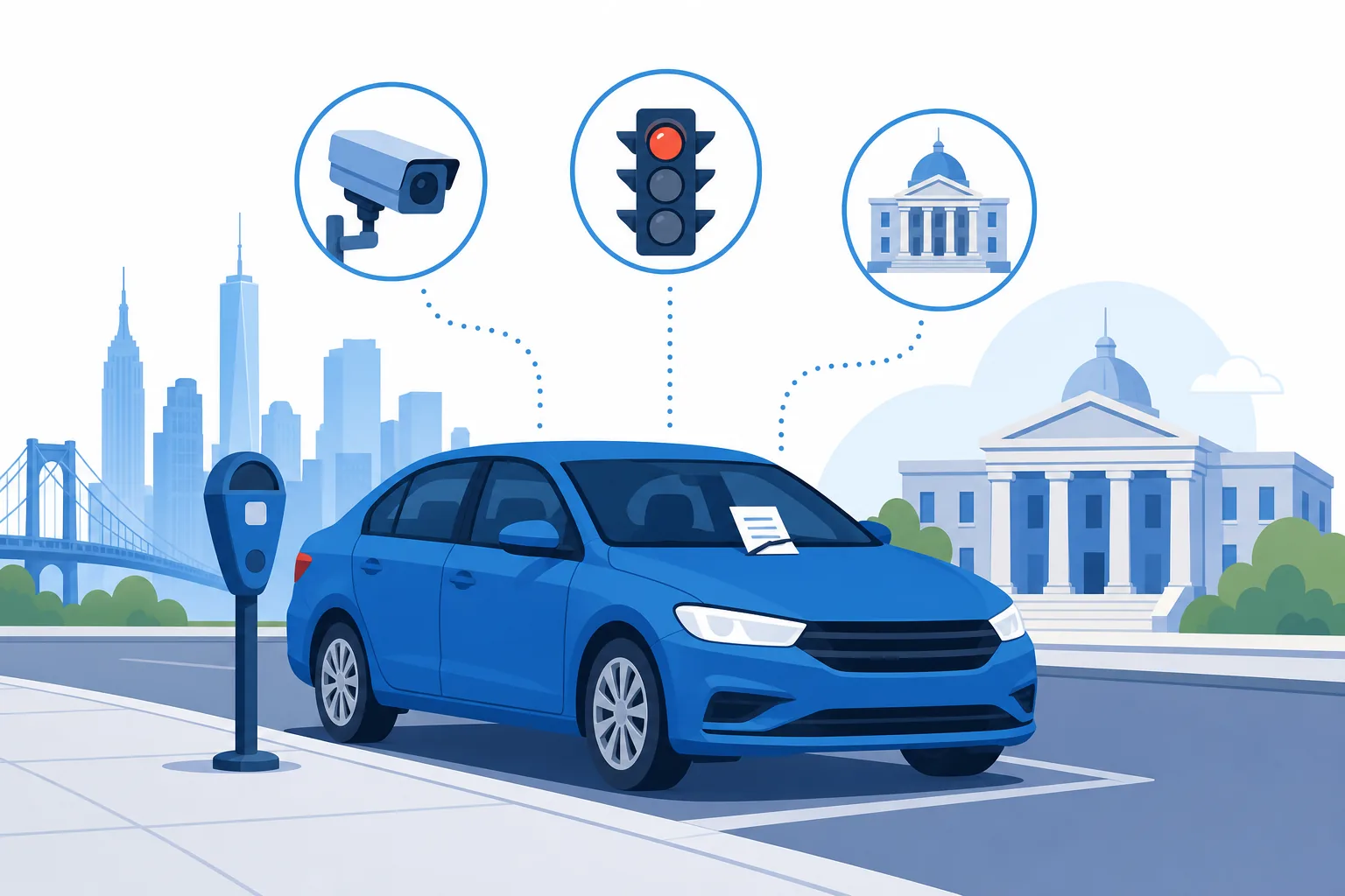Carro en una calle de New York junto a un parquímetro, con íconos de un ticket, una cámara de tránsito y el edificio del DMV