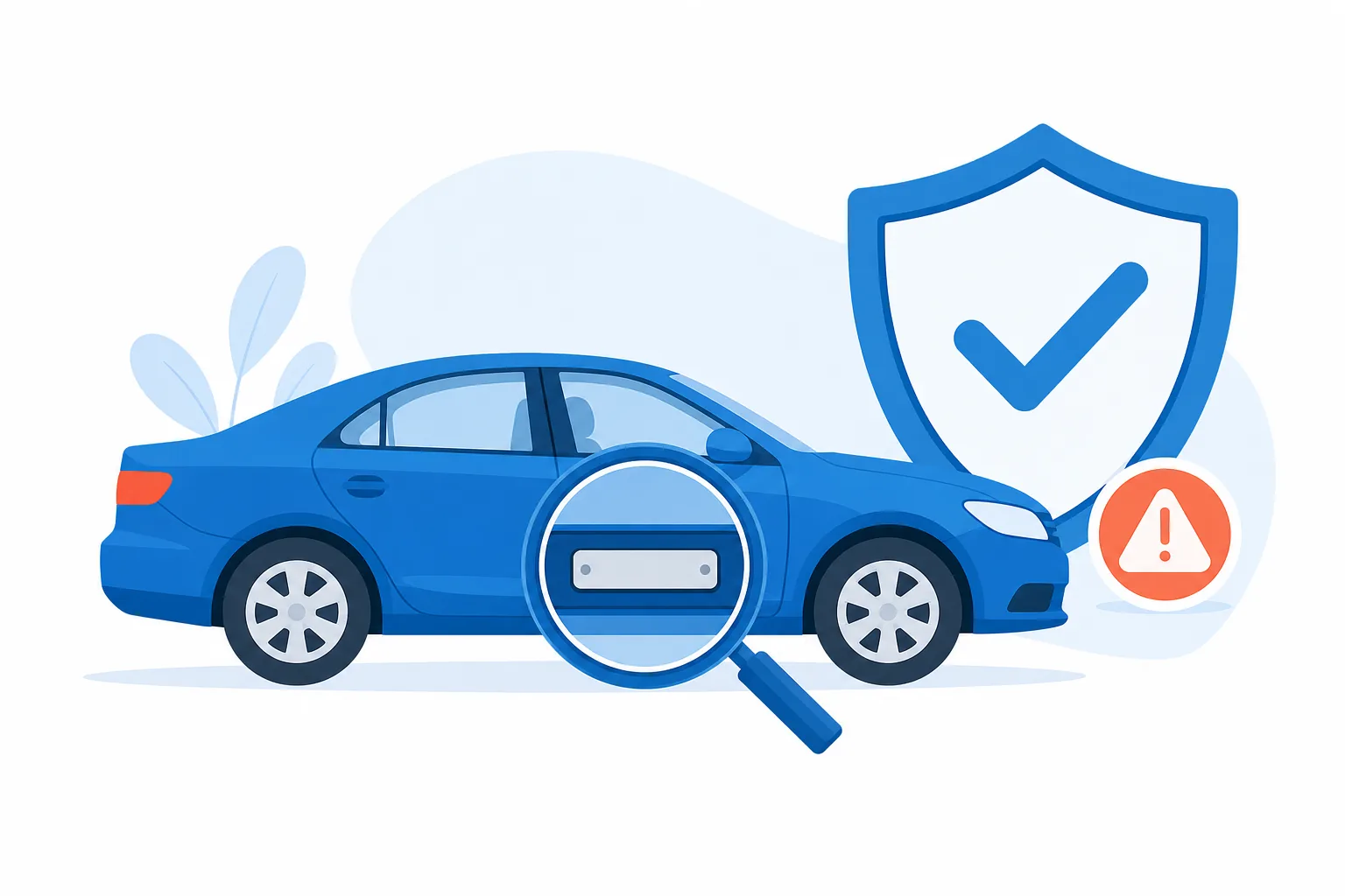 Ilustración de un carro junto a una lupa que inspecciona el número VIN, con un escudo de verificación y un signo de alerta