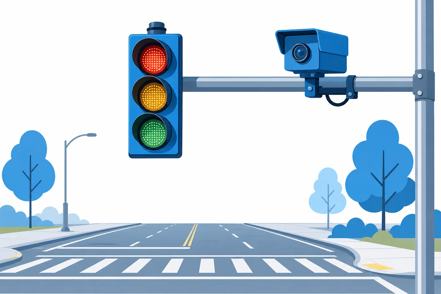 Semáforo en una intersección de Estados Unidos con una cámara de tránsito montada en el brazo metálico, apuntando al cruce