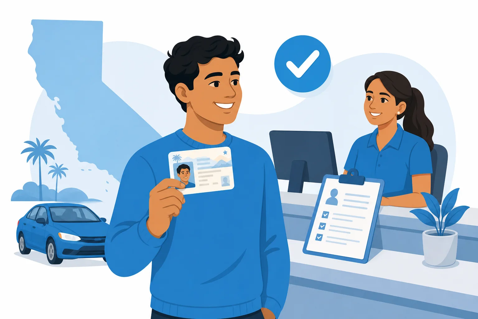 Persona recibiendo su licencia de conducir de California en el DMV con el formulario de solicitud y el carro de fondo