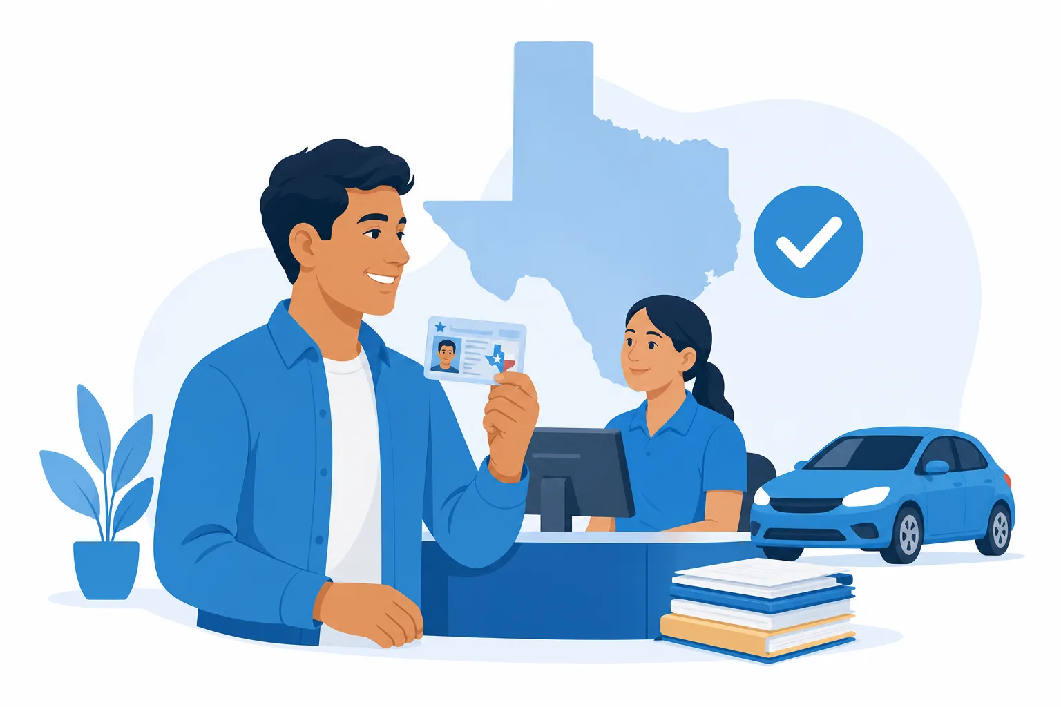 Persona latina recibiendo su licencia de conducir de Texas en una oficina del DPS con sus documentos y un carro de fondo