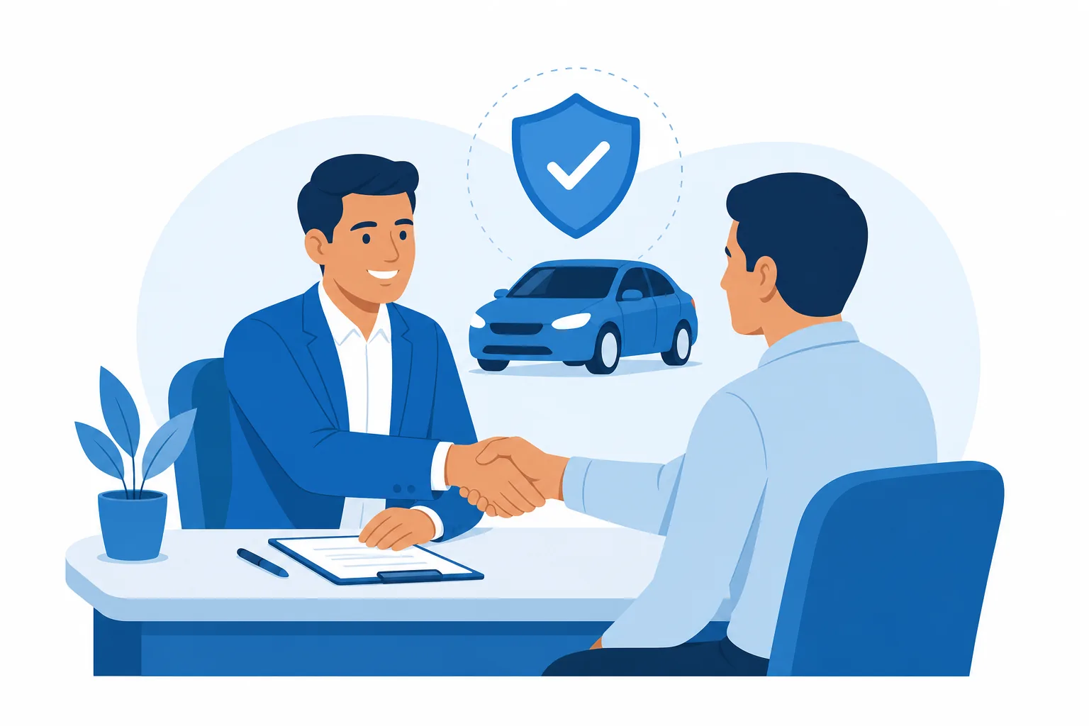 Agente de seguros de auto latino atendiendo a un cliente en su oficina en Estados Unidos