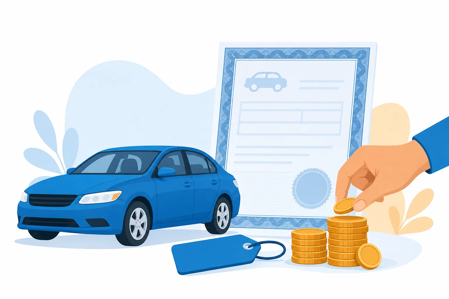 Ilustración de un carro azul con un certificado de título y monedas, representando el costo de cambiar de nombre un carro en USA