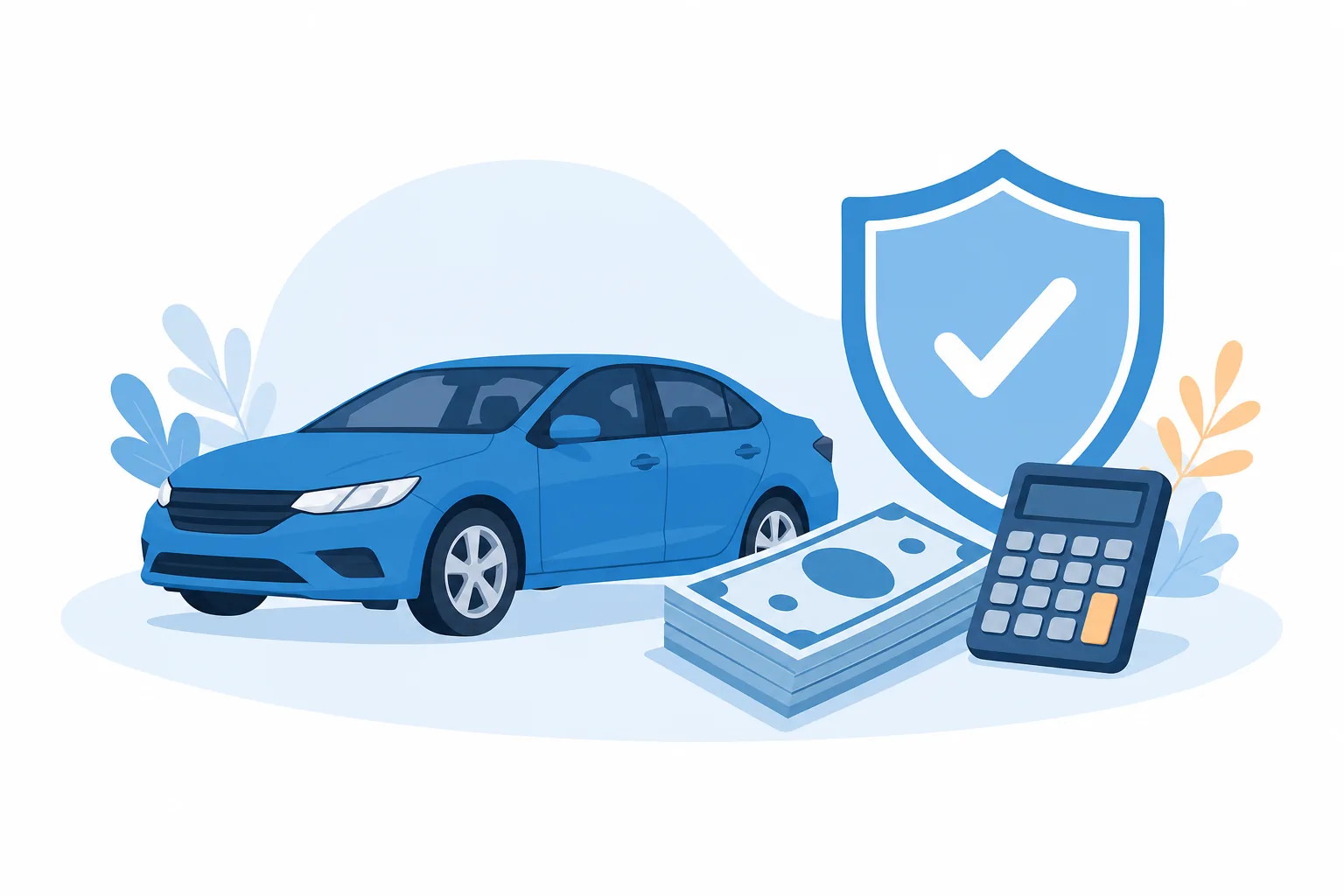 Ilustración de un carro con un billete y una calculadora que representan el costo de la aseguranza en Estados Unidos
