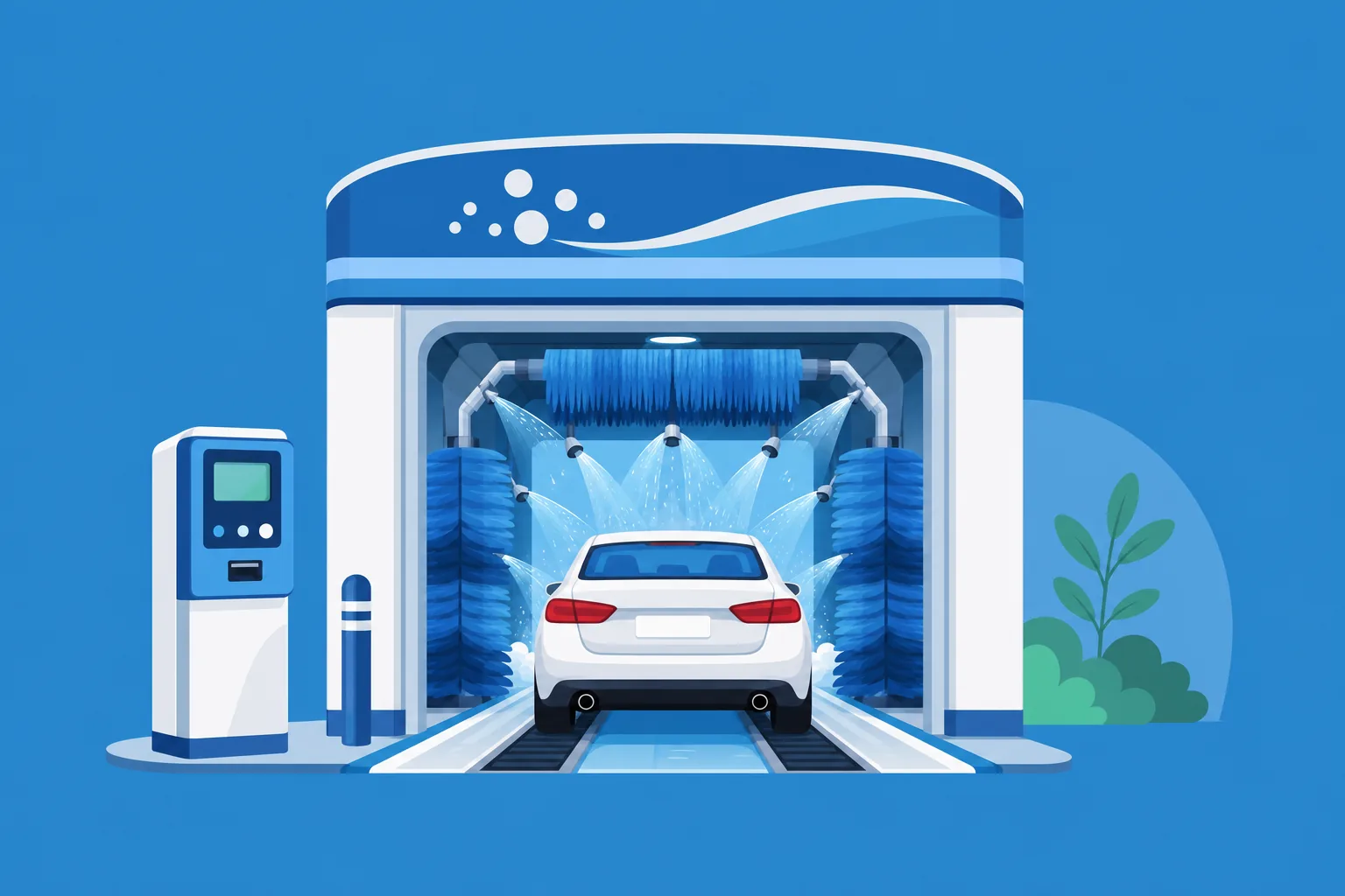 Ilustración plana de un car wash de túnel con un carro entrando al lavado automático en Estados Unidos