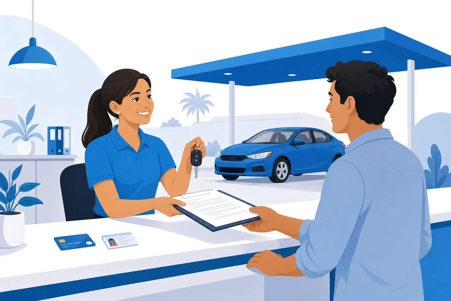 Mostrador de una agencia de renta de carros en Estados Unidos con las llaves y el contrato listos para entregar