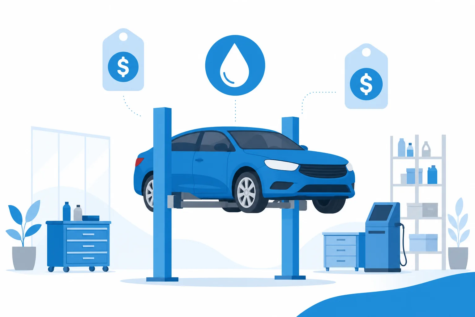 Ilustración de un carro sobre un elevador de taller con una gota de aceite y etiquetas de precio en dólares