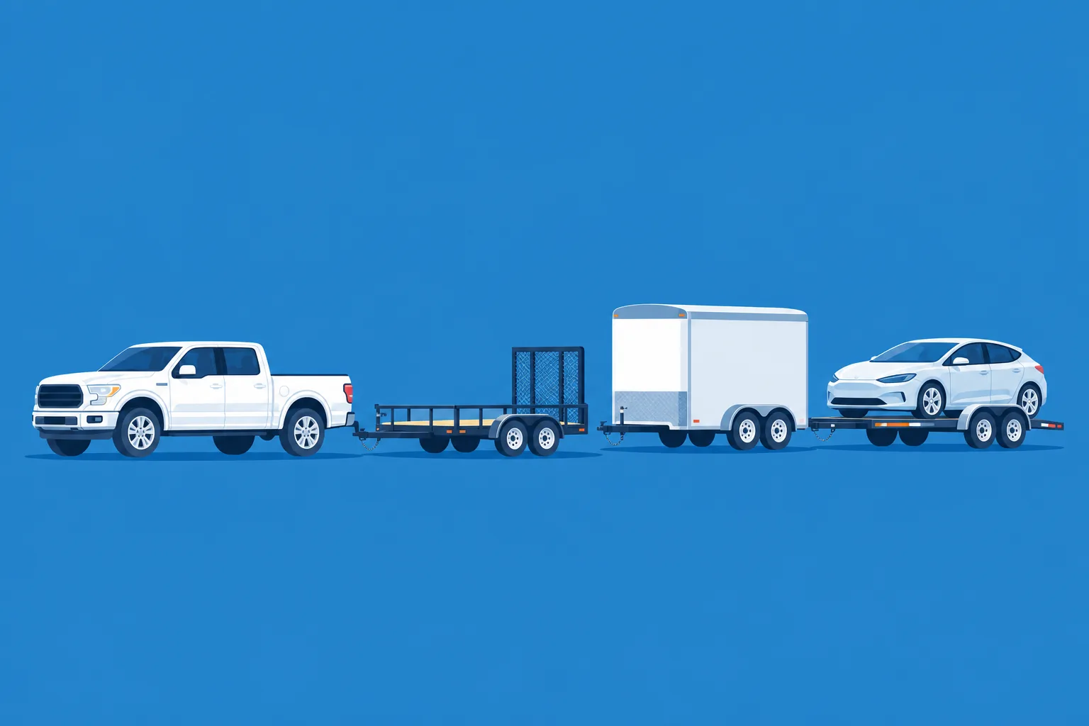 Ilustración plana de una troca jalando distintos tipos de trailer: utility abierto, enclosed cerrado y car hauler