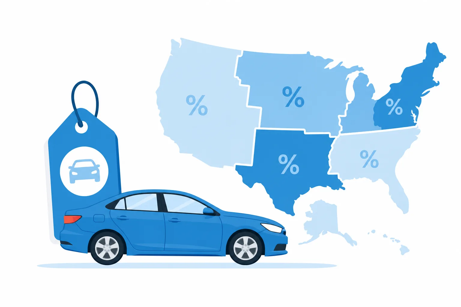 Carro con etiqueta de precio y un mapa de Estados Unidos mostrando que el impuesto cambia según el estado