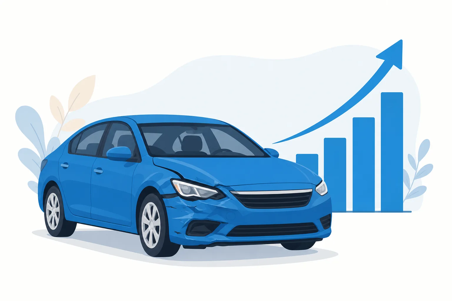 Ilustración de un carro tras un choque leve con una flecha de aumento de precio, en estilo plano azul