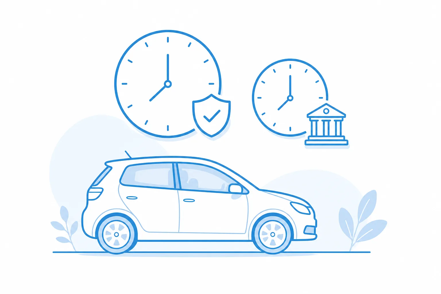 Ilustración de dos relojes que marcan los plazos para reportar un accidente de auto a la aseguranza y al estado