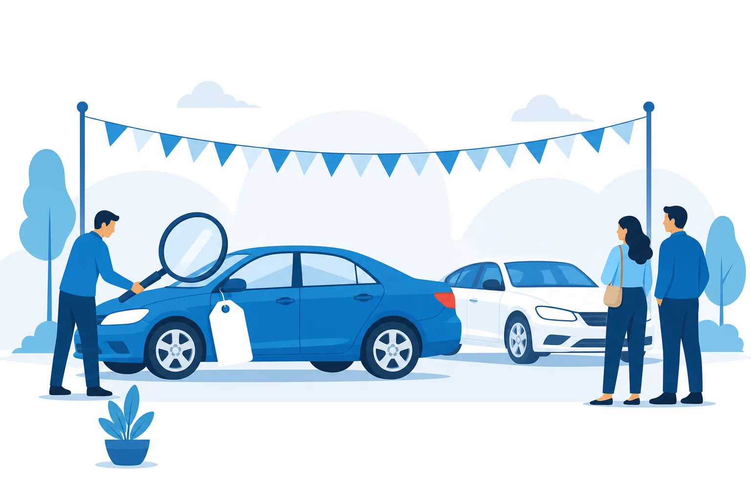 Ilustración de un lote de carros con un cartel de dealer y una lupa revisando la etiqueta del precio
