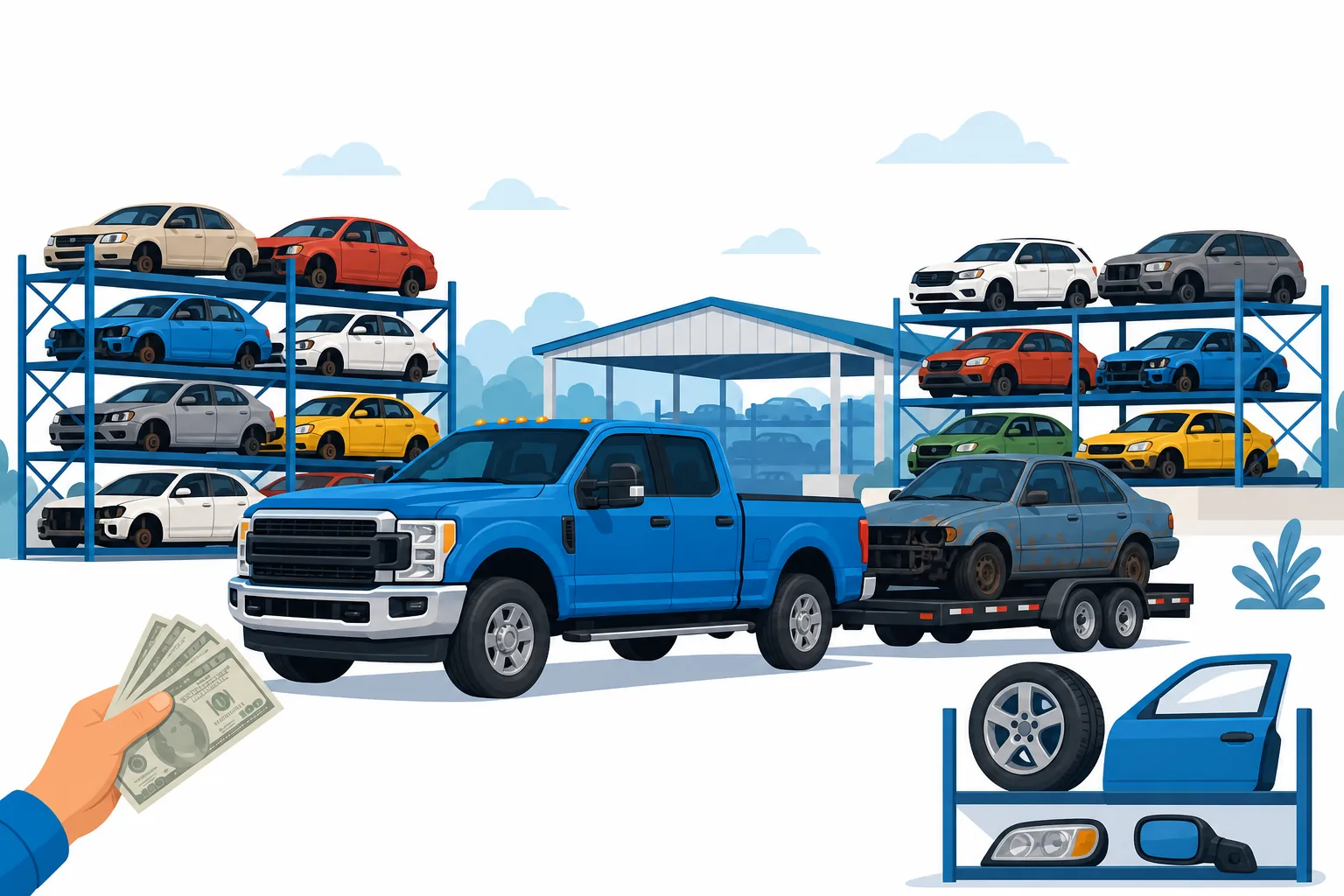 Yonke de carros en Estados Unidos con filas de autos usados para venta de autopartes