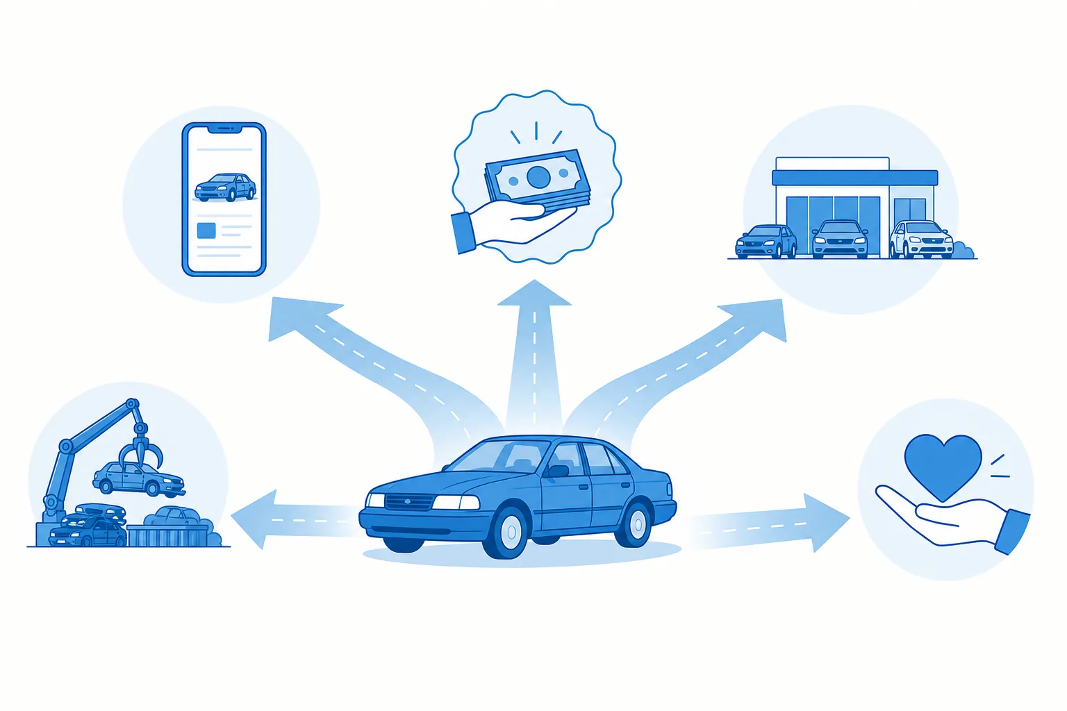 Ilustración de un carro viejo con cinco caminos hacia venta particular, oferta instantánea, dealer, yonke y donación