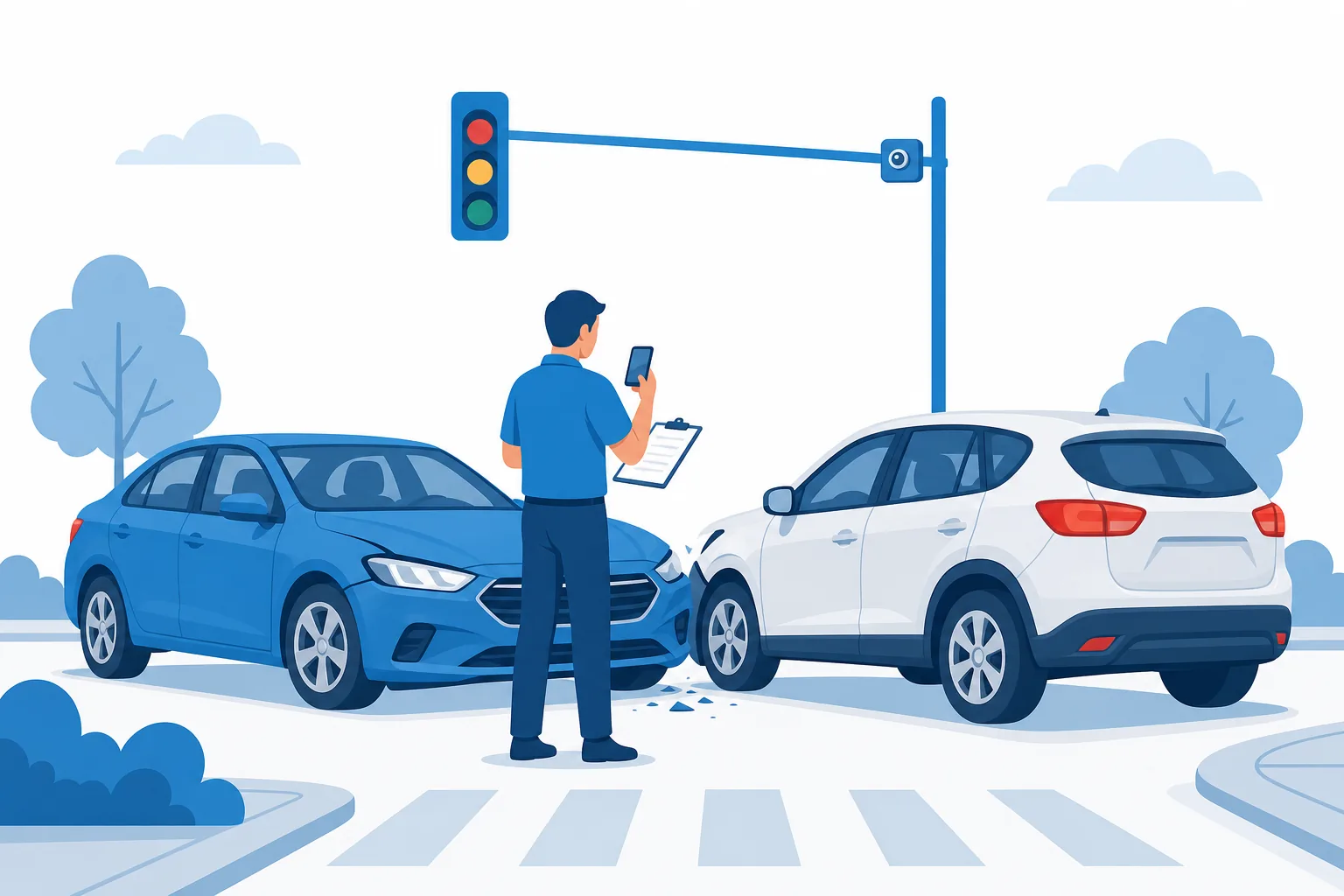 Ilustración de dos carros tras un choque con un ajustador de seguro revisando los daños