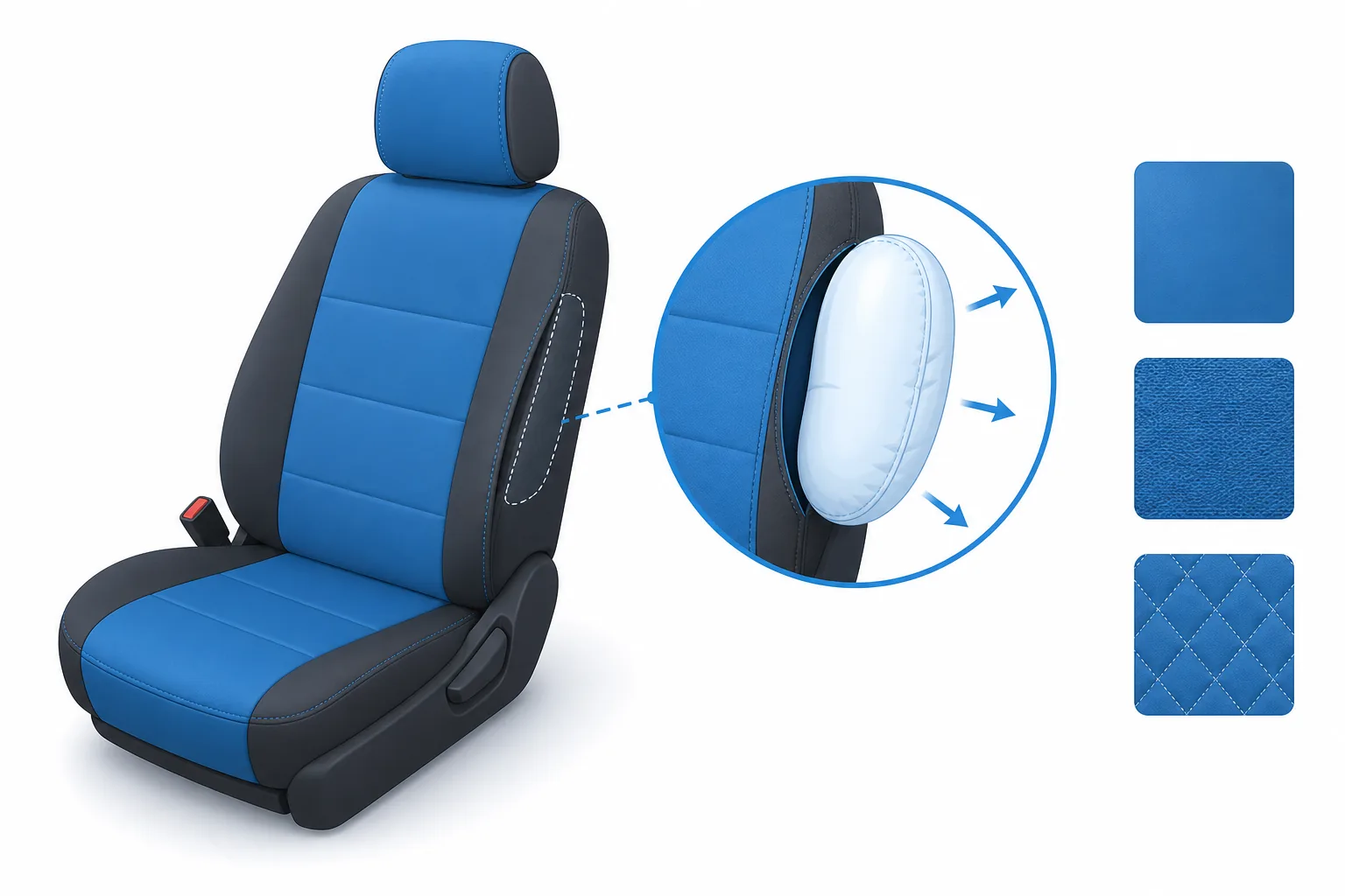 Asiento de carro con un forro de neopreno azul y un airbag lateral saliendo por la costura del costado