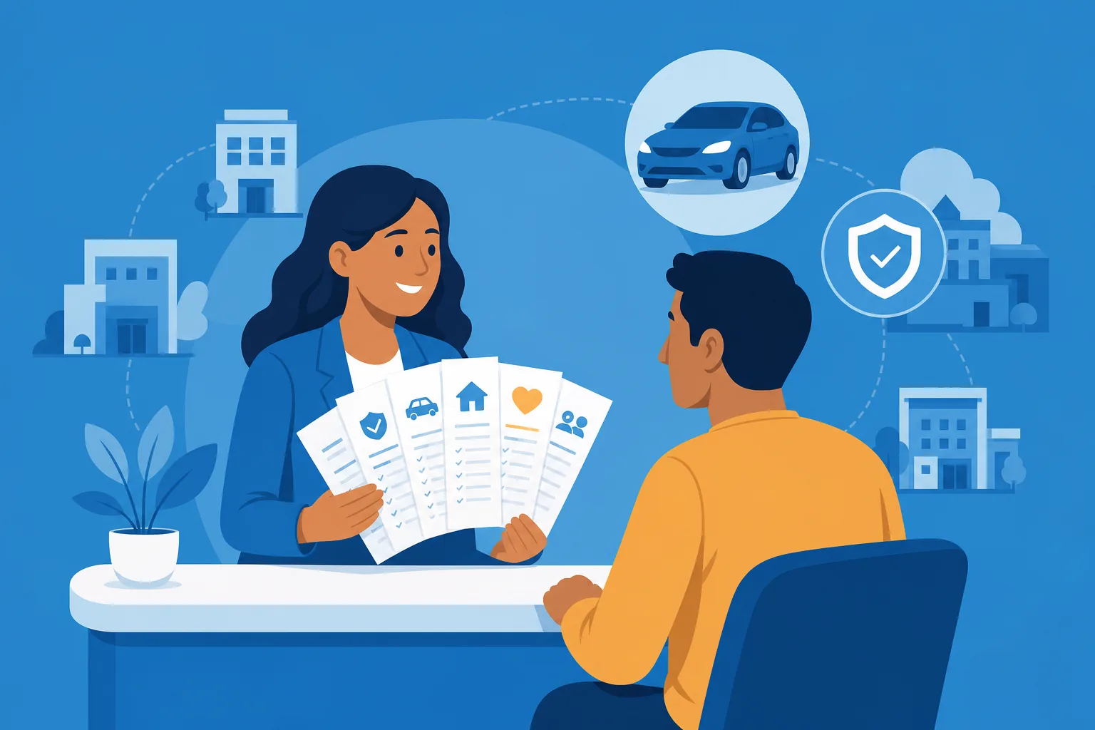 Ilustración plana de una oficina de Freeway seguros con un agente bilingüe mostrando a un cliente varias pólizas de distintas aseguradoras para elegir