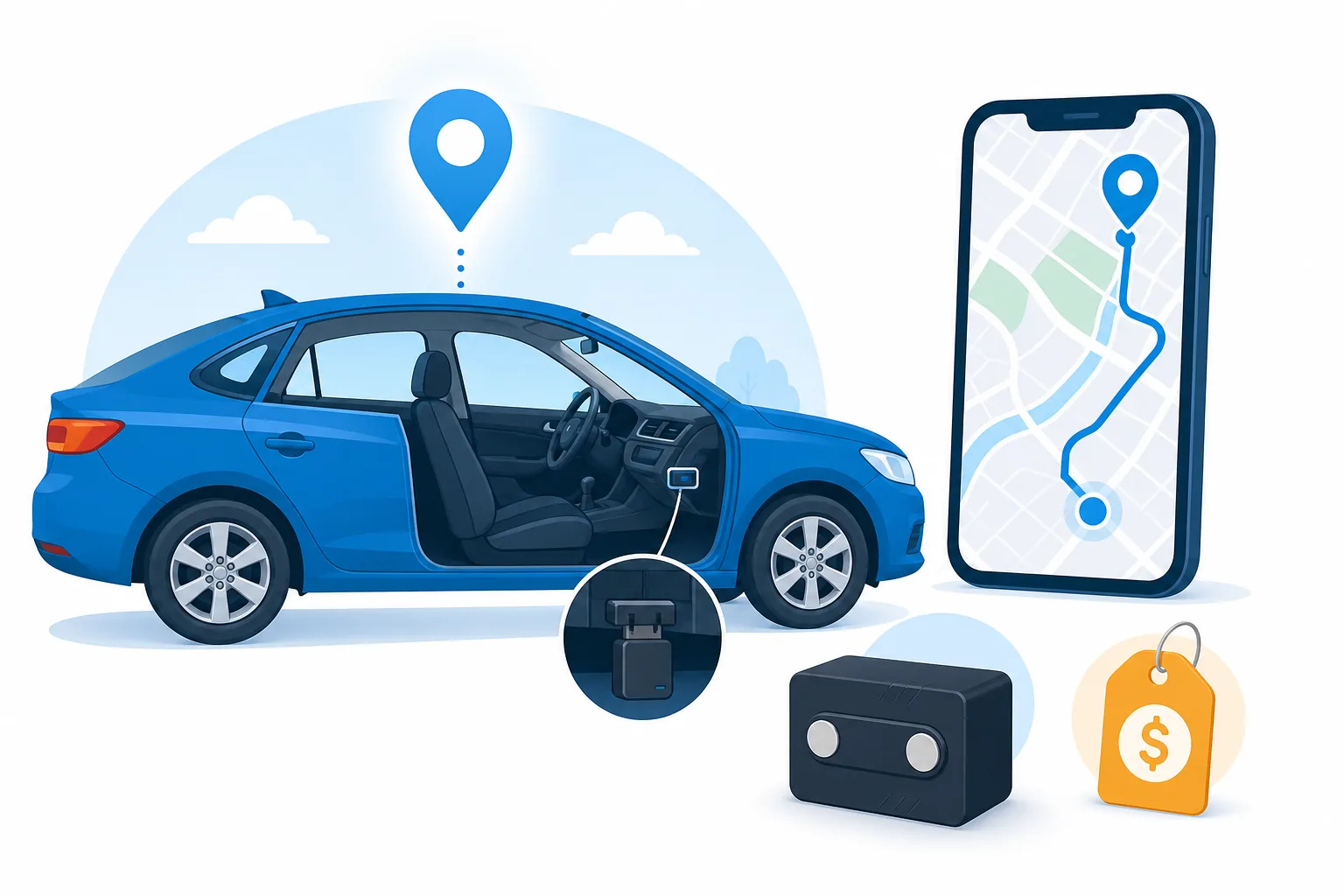 GPS para carro: un rastreador OBD enchufado bajo el volante y un mapa de navegación en el celular