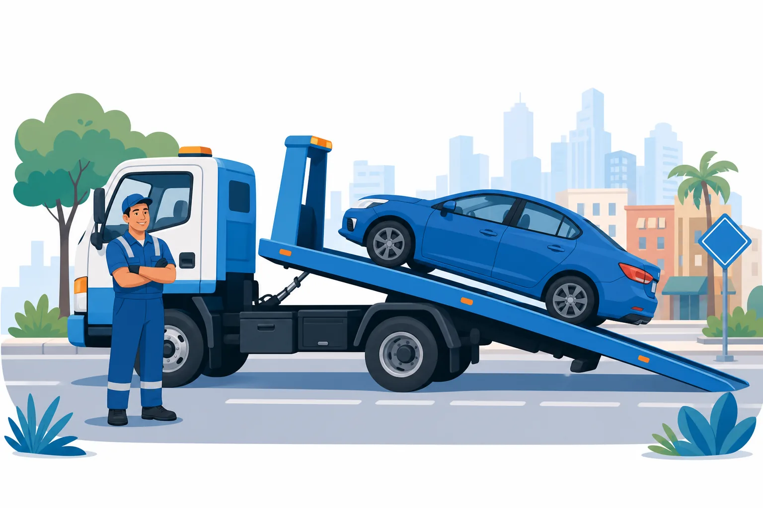 Grúa de plataforma (tow truck) cargando un carro en Estados Unidos, con los términos en inglés del servicio de remolque