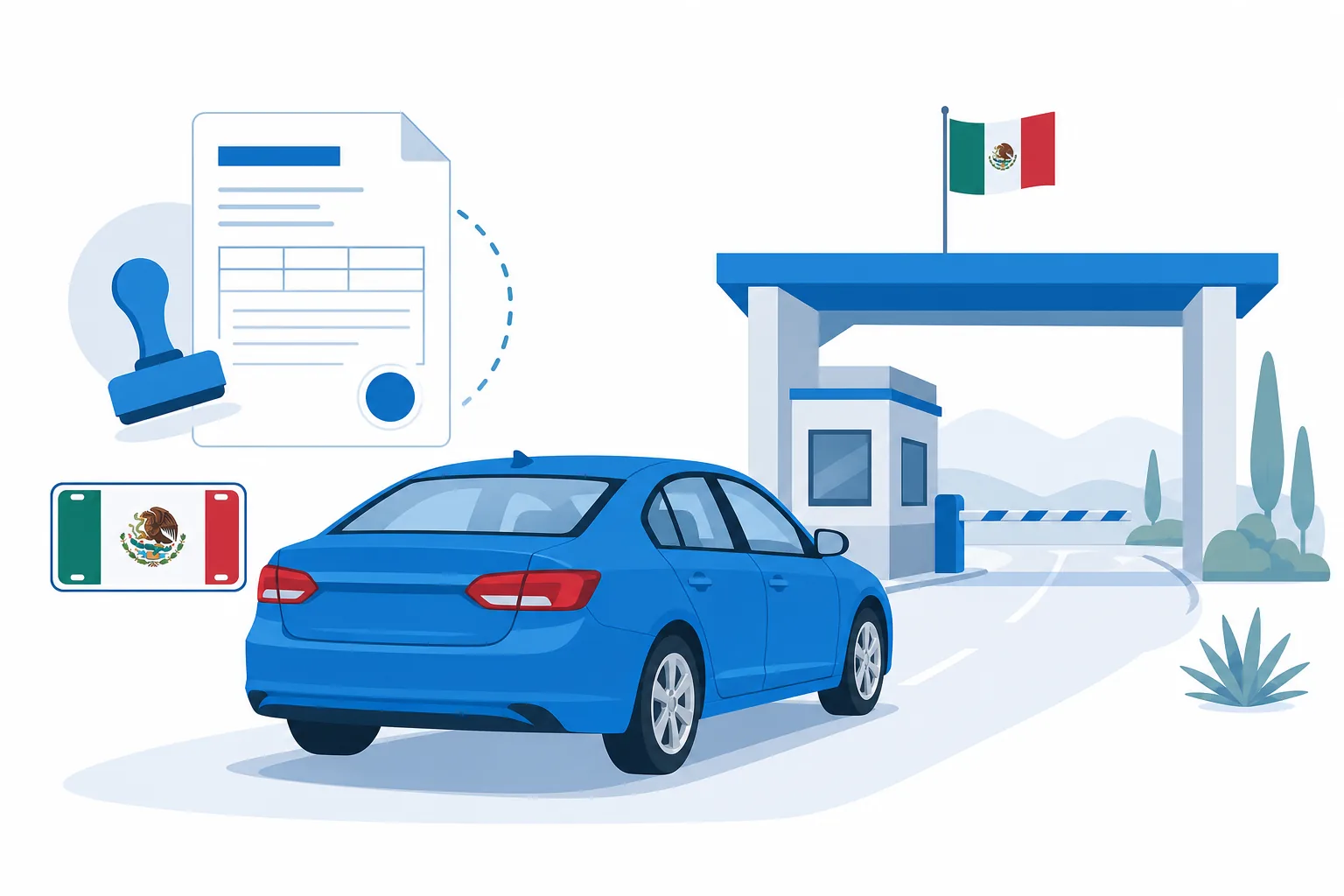 Ilustración de un carro americano cruzando hacia México con documentos de importación aduanal