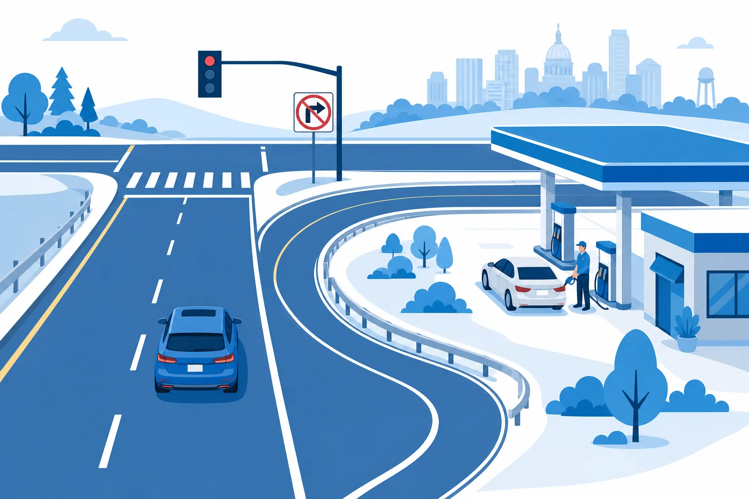 Ilustración de una carretera de New Jersey con un jughandle y una estación de gasolina full-service